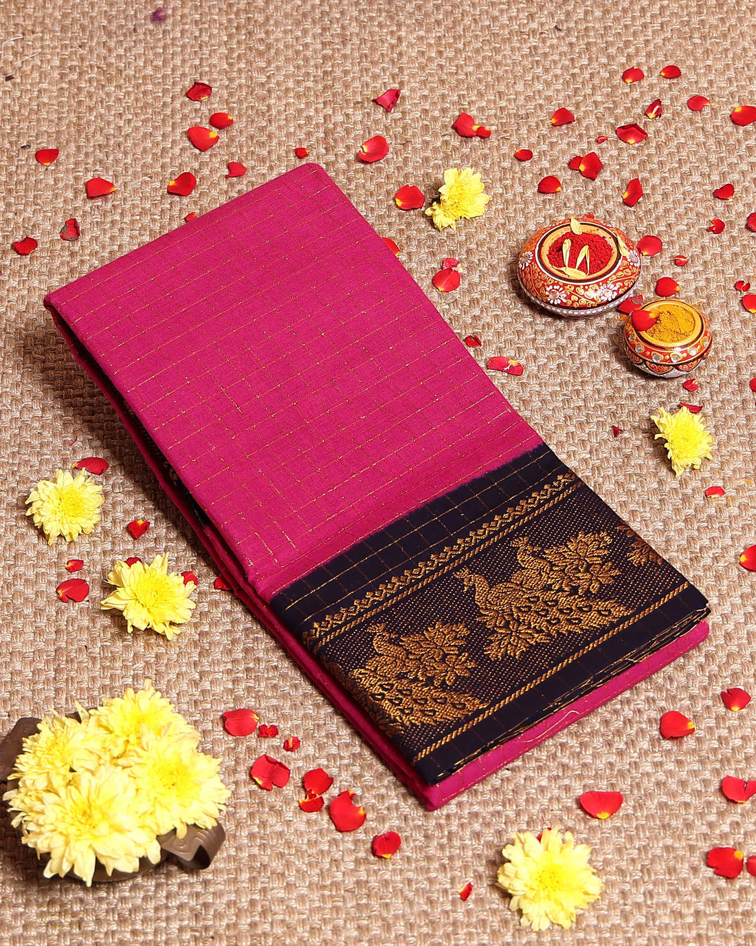 Elegant Sungudi Cotton Saree with Zari Checks and Traditional Peacock Motif Contrast Border - Purple