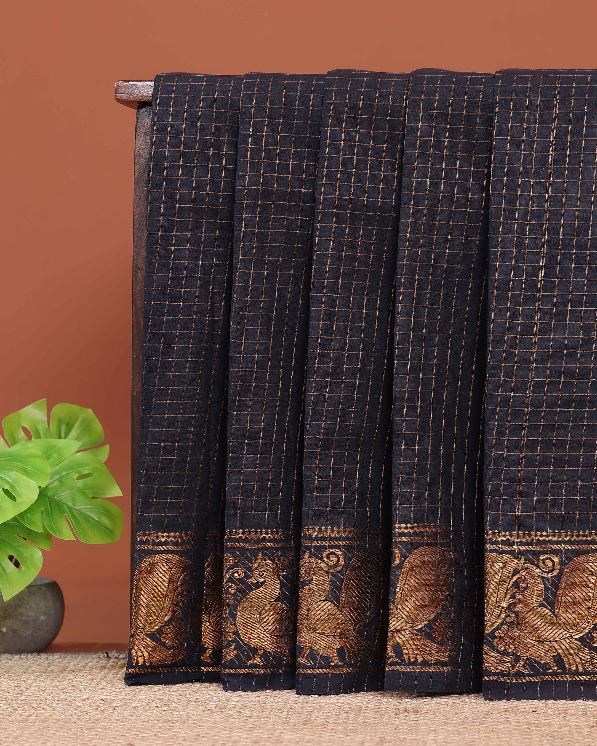 Elegant Sungudi Saree with Intricate Golden Zari Peacock Border and Fine Check Pattern - Black