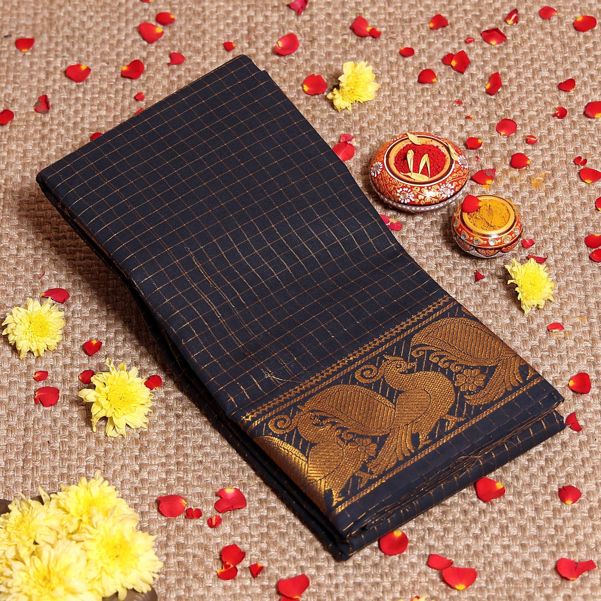 Elegant Sungudi Saree with Intricate Golden Zari Peacock Border and Fine Check Pattern - Black