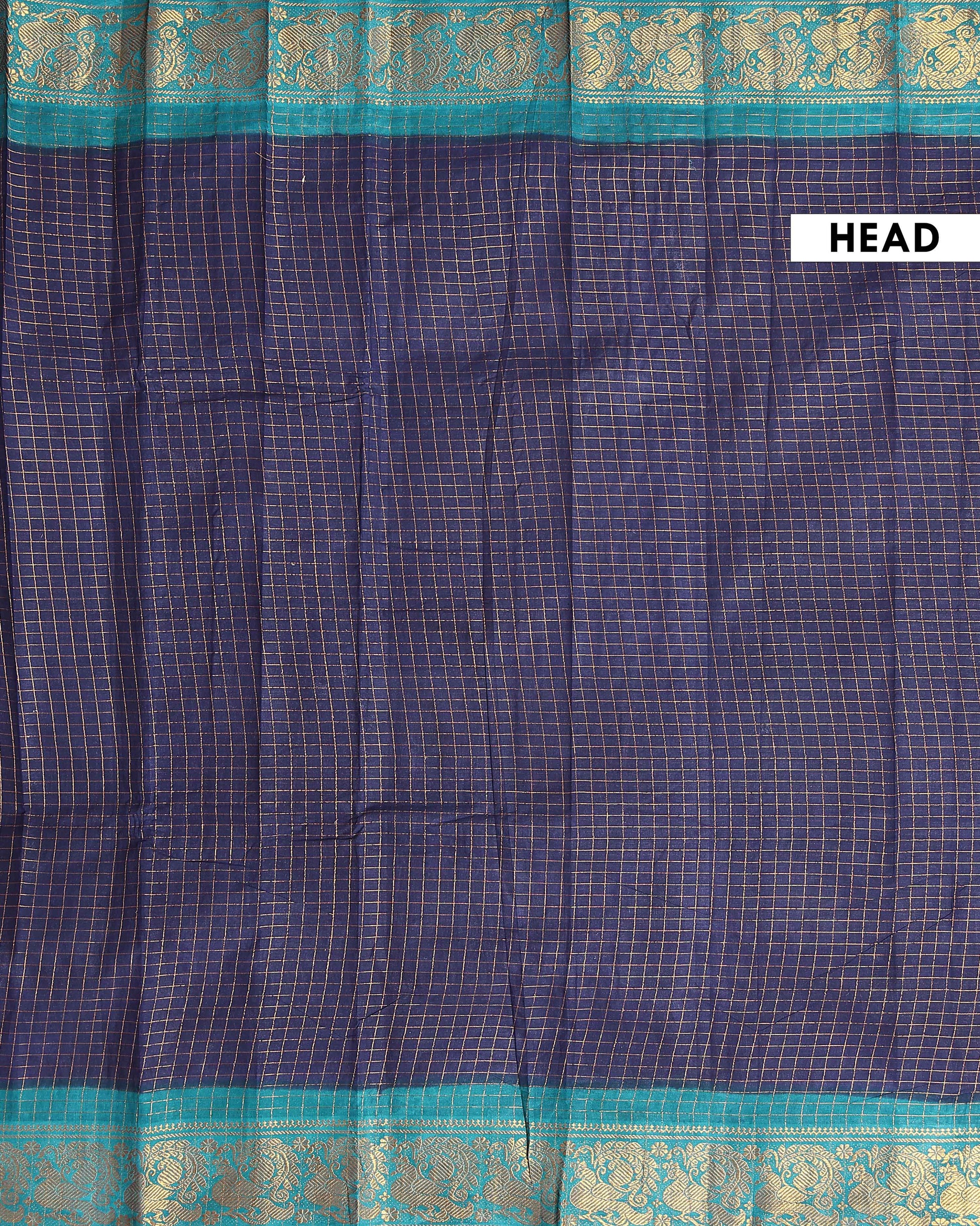 Elegant Sungudi Saree with Intricate Golden Zari Peacock Border and Fine Check Pattern - Navy Blue