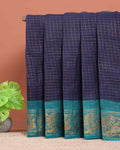 Elegant Sungudi Saree with Intricate Golden Zari Peacock Border and Fine Check Pattern - Navy Blue