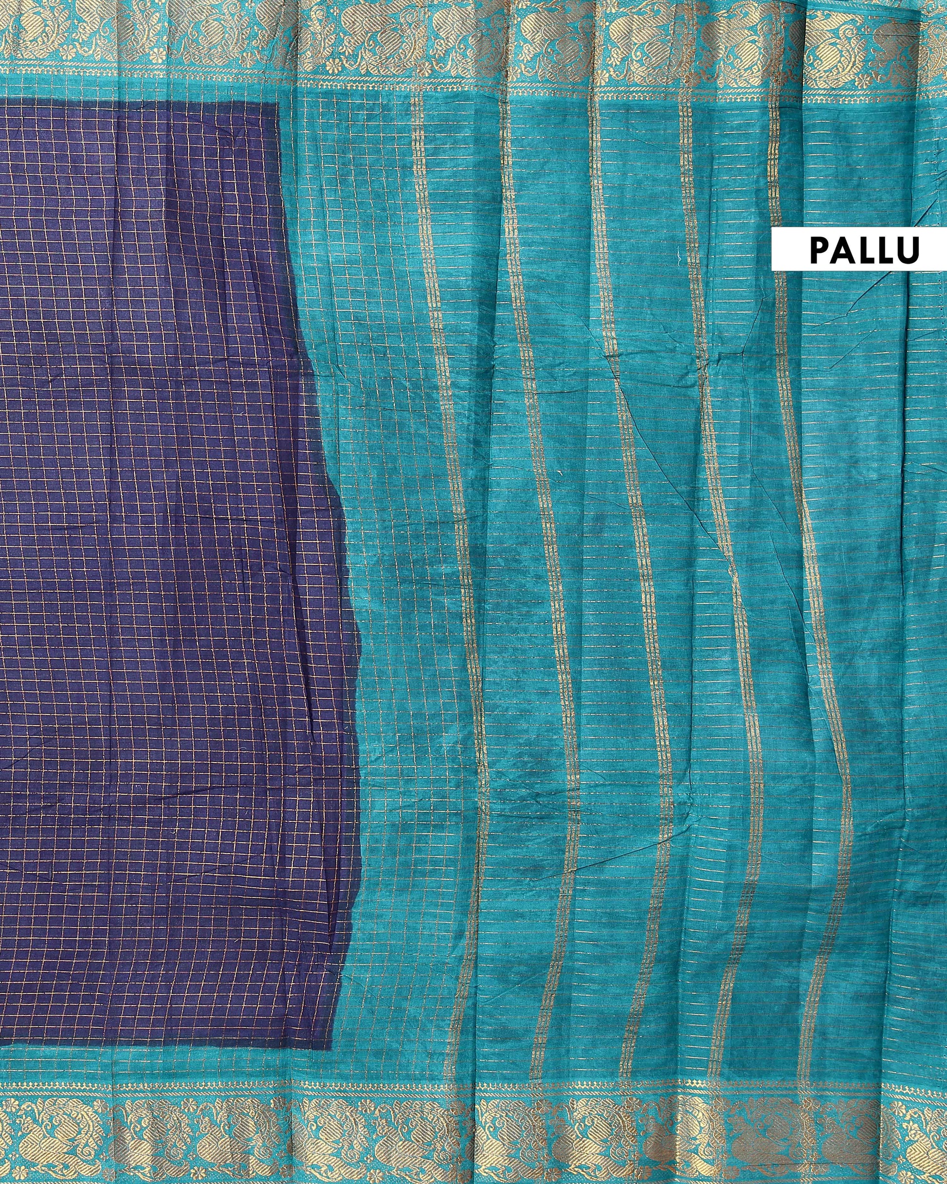 Elegant Sungudi Saree with Intricate Golden Zari Peacock Border and Fine Check Pattern - Navy Blue