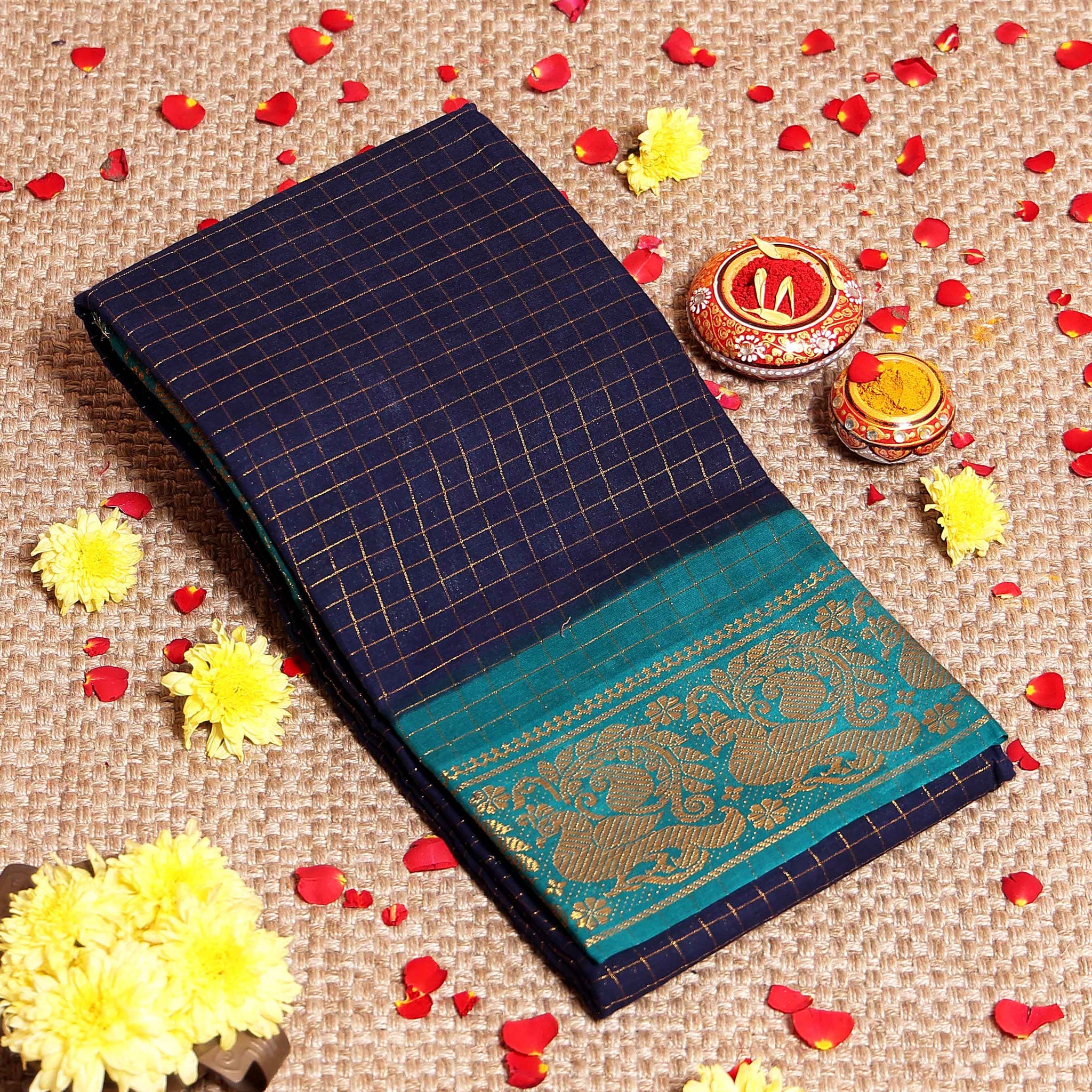 Elegant Sungudi Saree with Intricate Golden Zari Peacock Border and Fine Check Pattern - Navy Blue