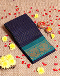 Elegant Sungudi Saree with Intricate Golden Zari Peacock Border and Fine Check Pattern - Navy Blue