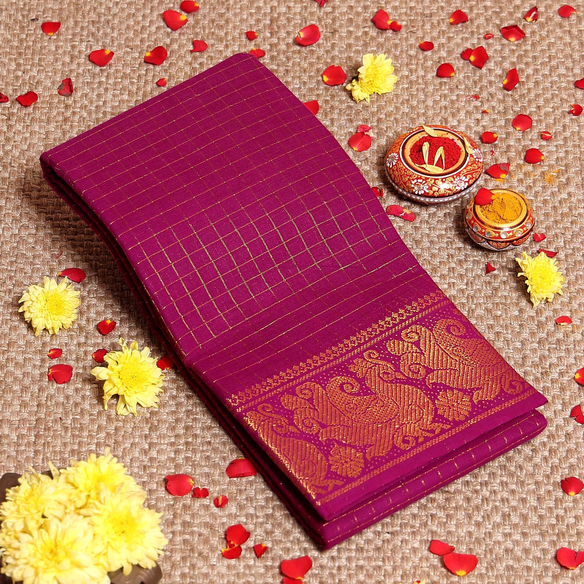 Elegant Sungudi Saree with Intricate Golden Zari Peacock Border and Fine Check Pattern - Purple