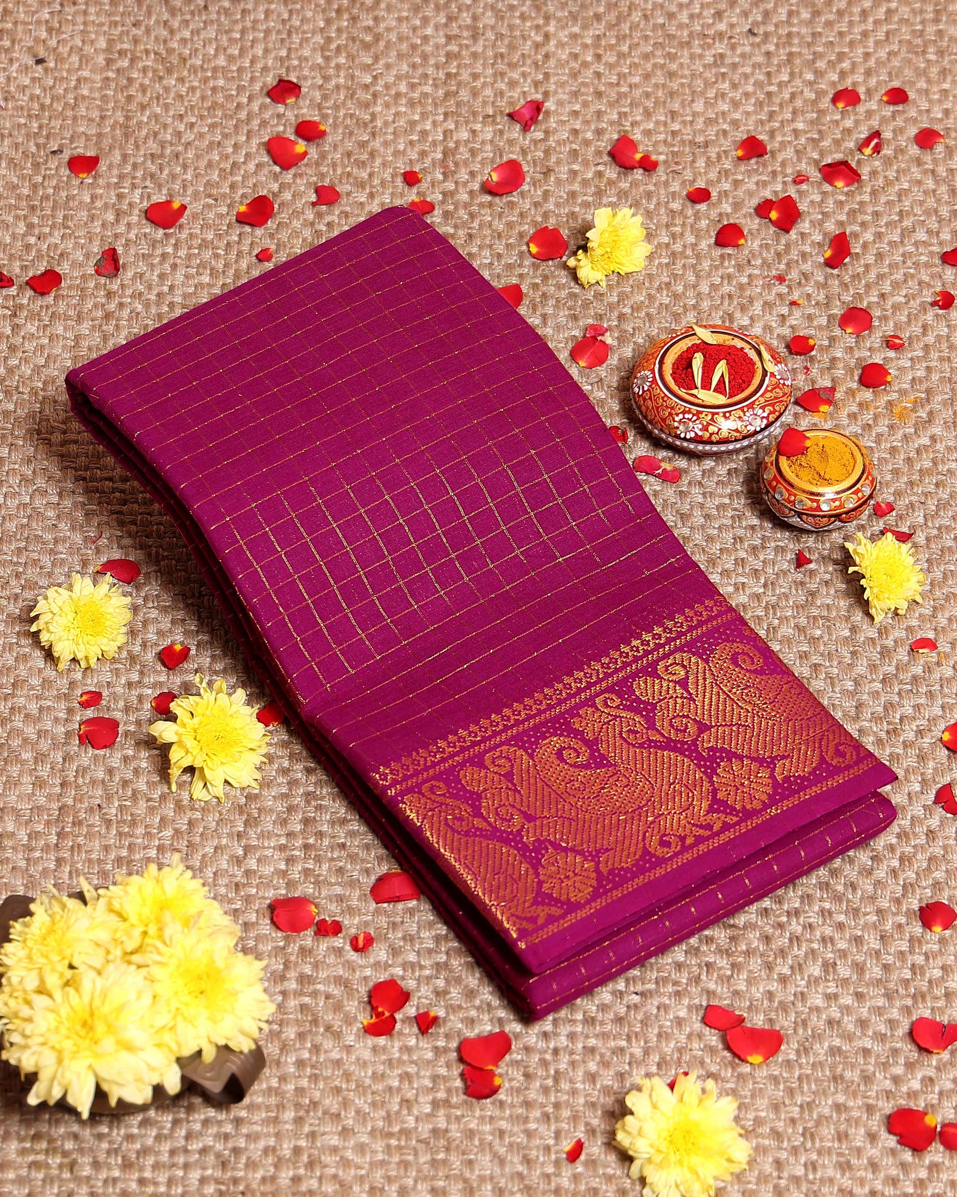Elegant Sungudi Saree with Intricate Golden Zari Peacock Border and Fine Check Pattern - Purple