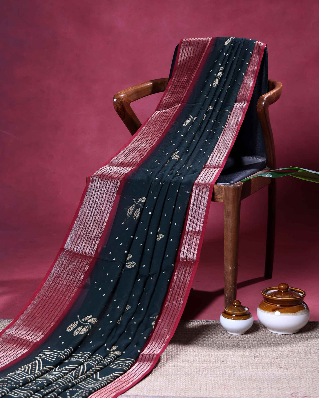 Elegant Traditional Dola Silk Saree with All Over Woven Leaf Buti Design and Intricate Geometric Border - Dark Teal