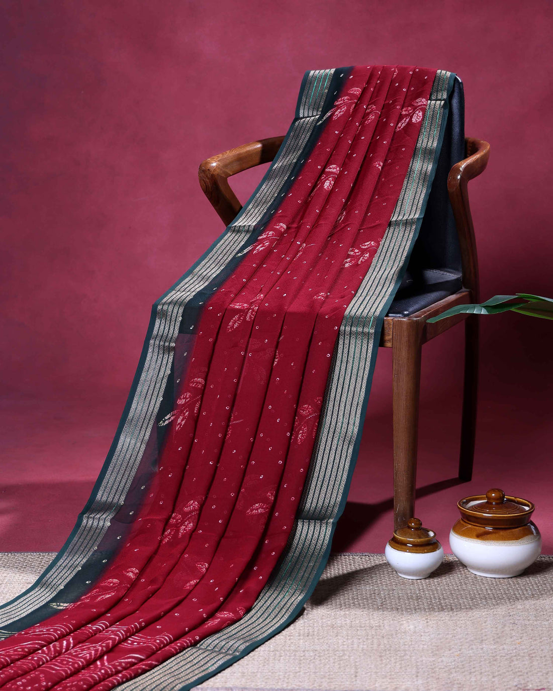 Elegant Traditional Dola Silk Saree with All Over Woven Leaf Buti Design and Intricate Geometric Border - Red