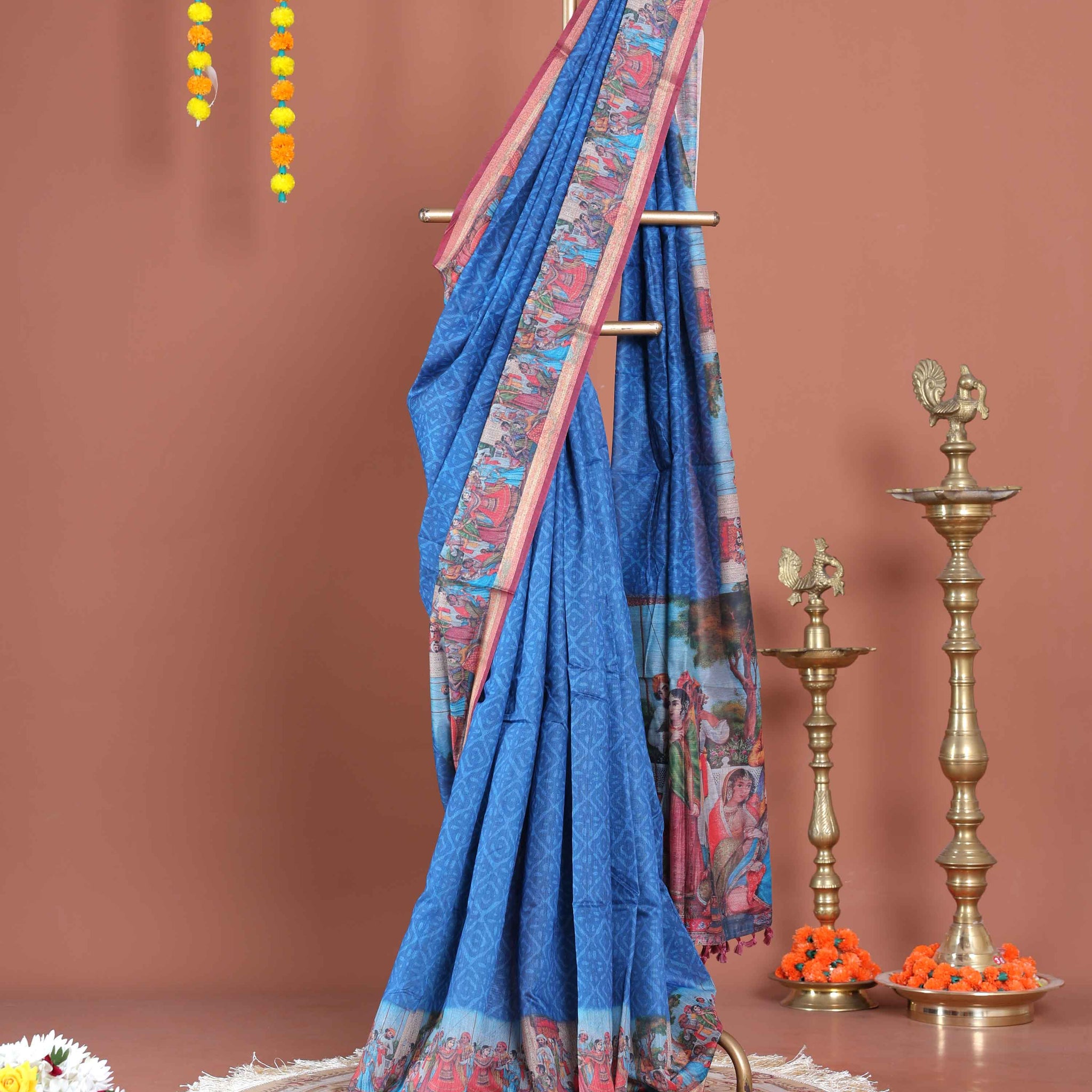 Elegant Traditional Semi-Silk Saree with Intricate Kalamkari-Inspired Print - Blue