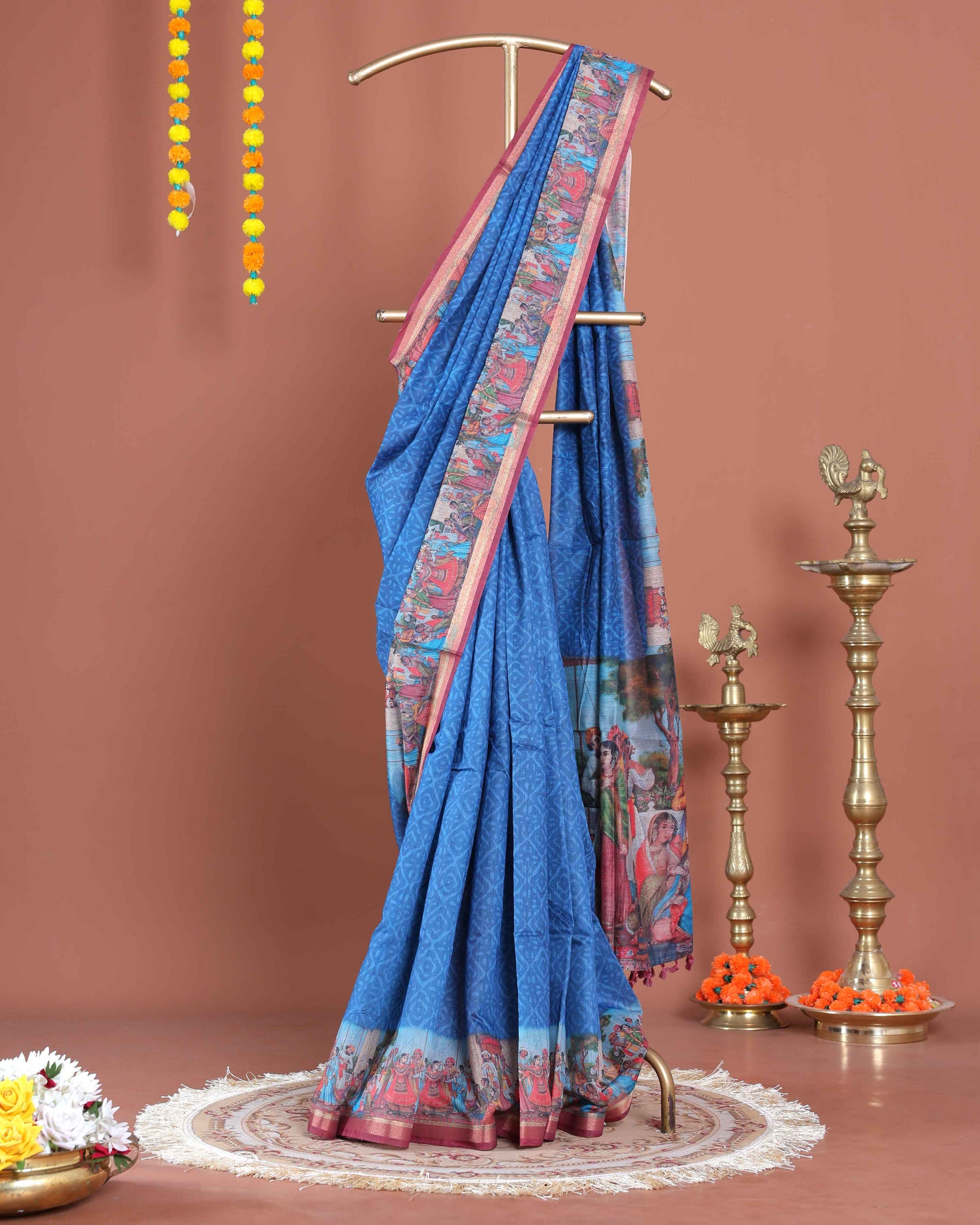 Elegant Traditional Semi-Silk Saree with Intricate Kalamkari-Inspired Print - Blue
