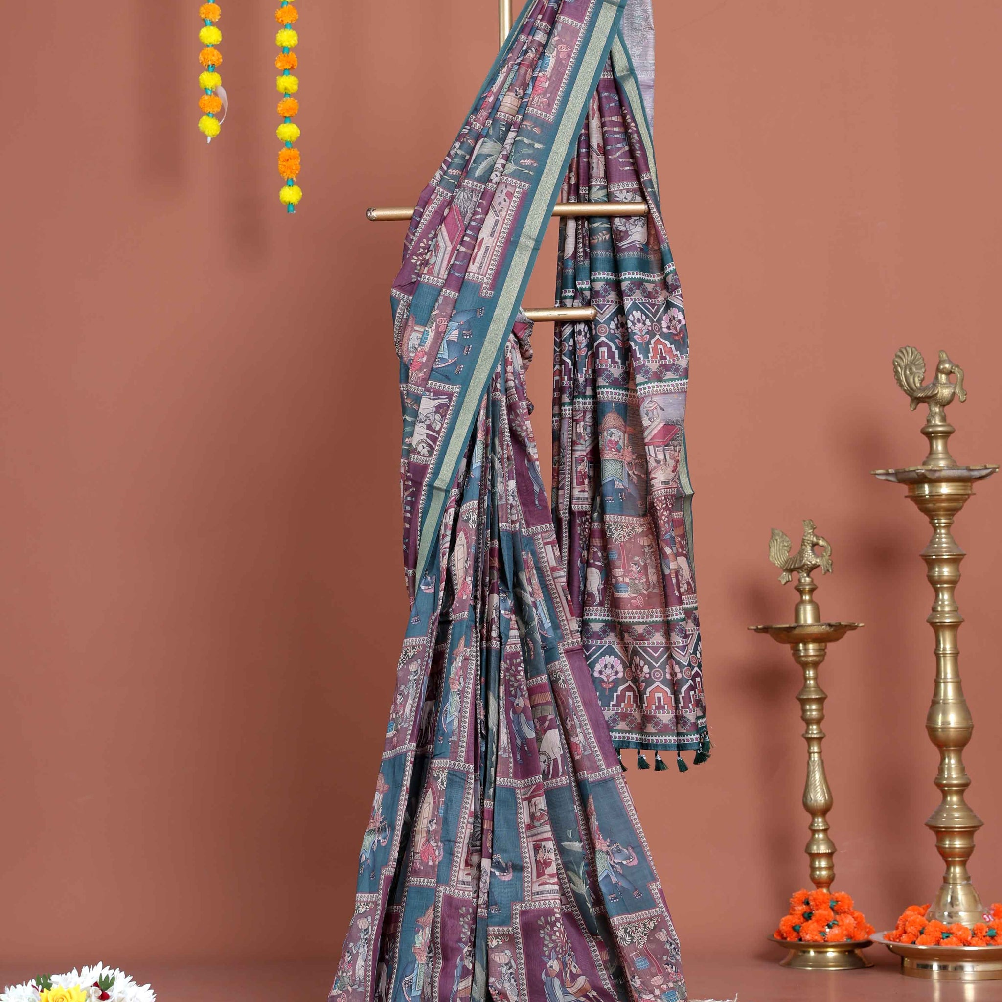 Elegant Traditional Semi-Silk Saree with Kalamkari-Inspired Motifs and Zari Border - Multi