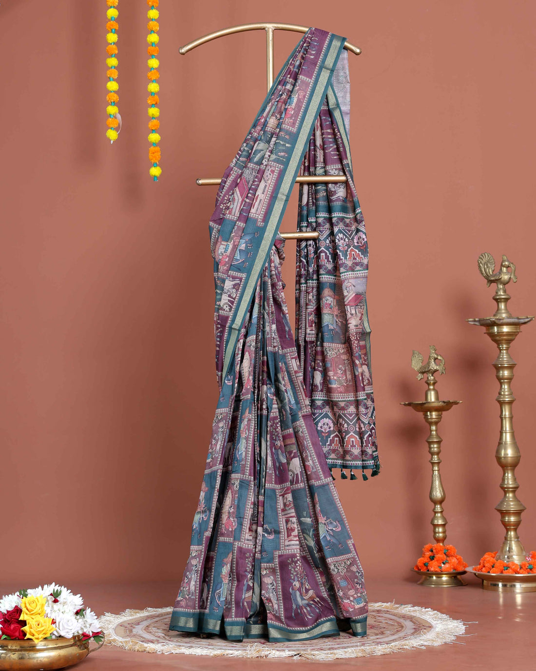 Elegant Traditional Semi-Silk Saree with Kalamkari-Inspired Motifs and Zari Border - Multi