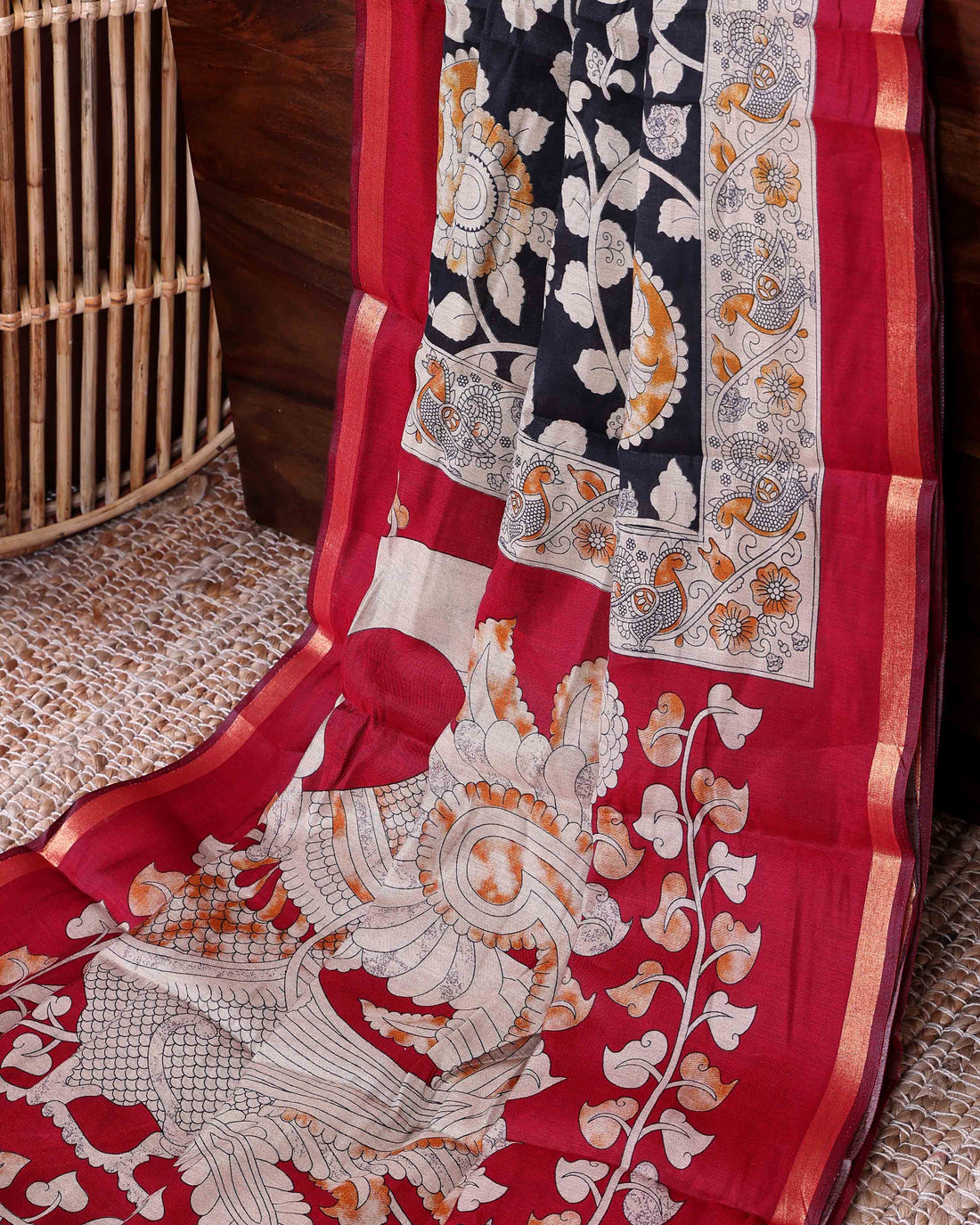 Elegant Traditional Semi Chanderi Kalamkari Saree with Peacock and Floral Motifs with Woven Border - Black