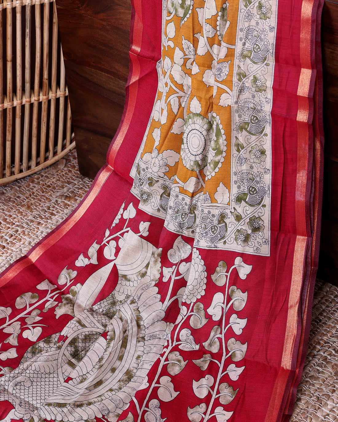 Elegant Traditional Semi Chanderi Kalamkari Saree with Peacock and Floral Motifs with Woven Border - Mustard Yellow