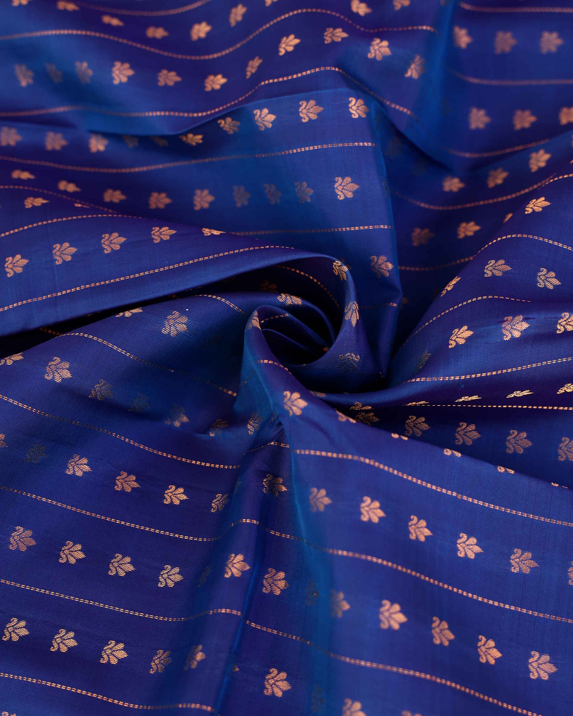 Elegant Traditional Silk Saree with Delicate Zari Buttas Linear Pattern Weaving and Ornate Floral Border- Blue-Close Up