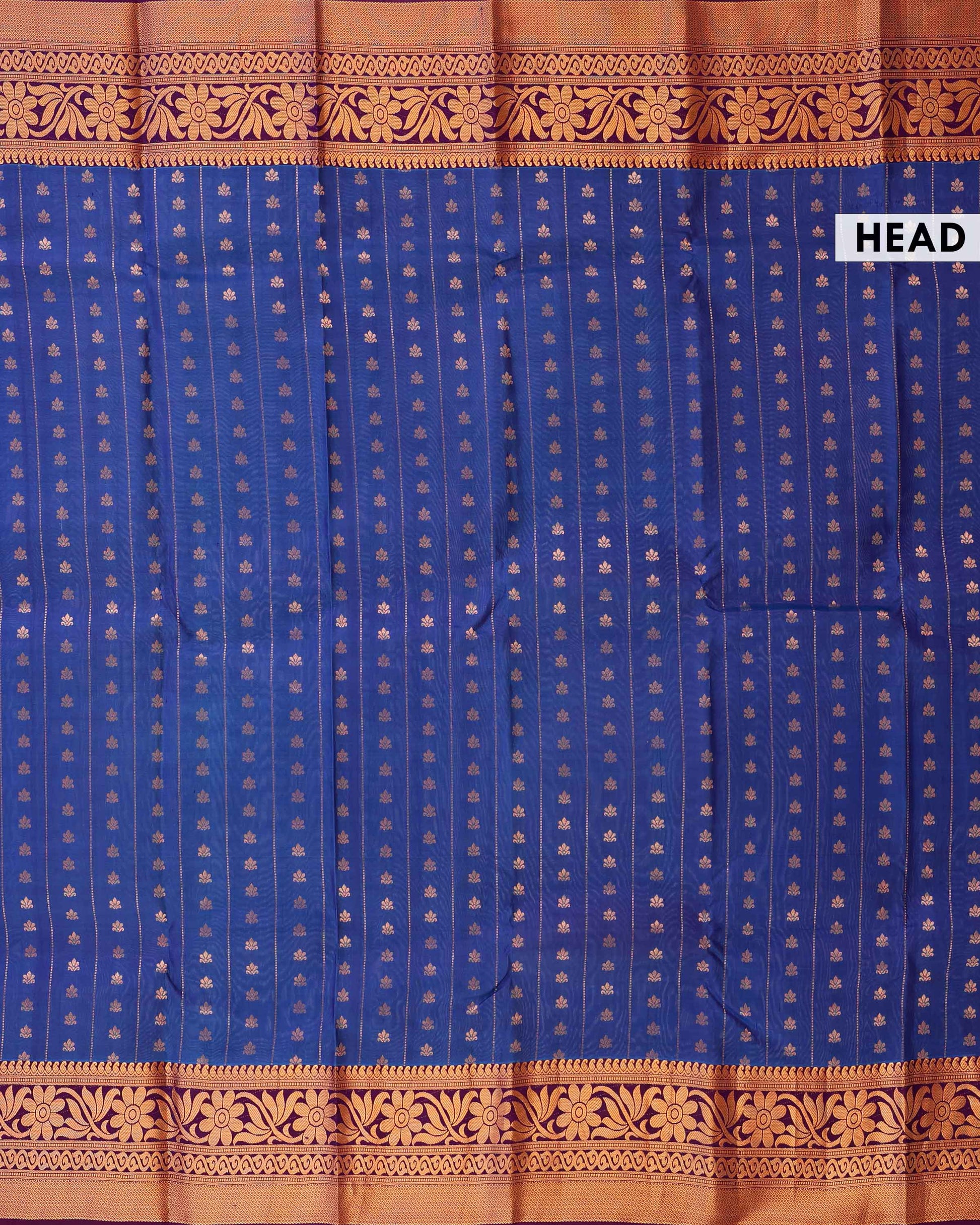 Elegant Traditional Silk Saree with Delicate Zari Buttas Linear Pattern Weaving and Ornate Floral Border- Blue-Head