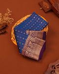 Elegant Traditional Silk Saree with Delicate Zari Buttas Linear Pattern Weaving and Ornate Floral Border- Blue
