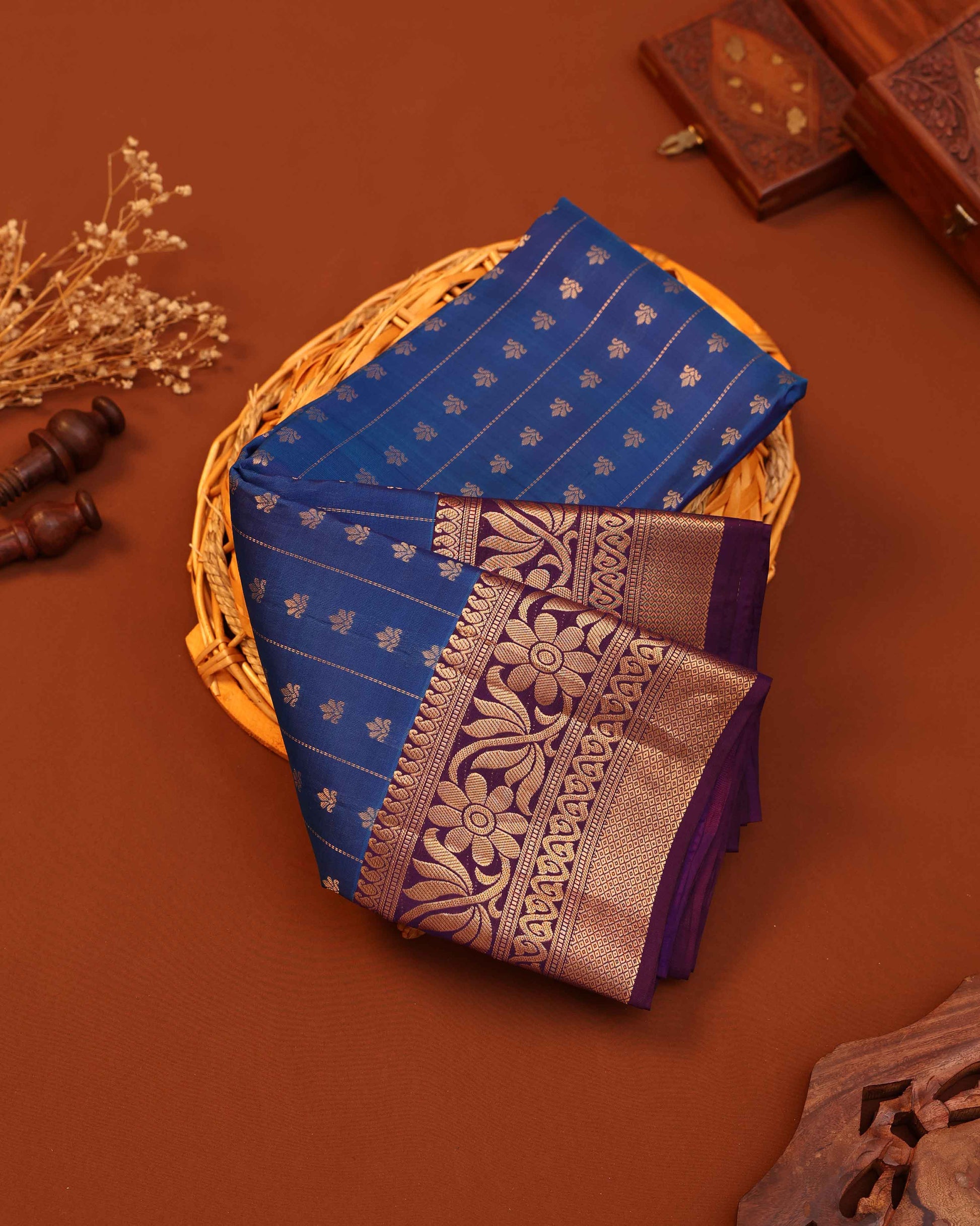 Elegant Traditional Silk Saree with Delicate Zari Buttas Linear Pattern Weaving and Ornate Floral Border- Blue