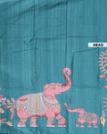 Elegant Tussar Silk Saree with Hand-Painted Elephant and Floral Motifs - Teal