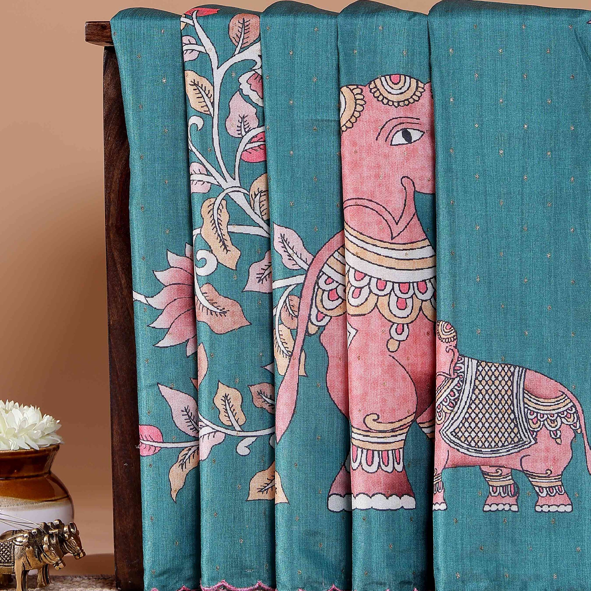 Elegant Tussar Silk Saree with Hand-Painted Elephant and Floral Motifs - Teal