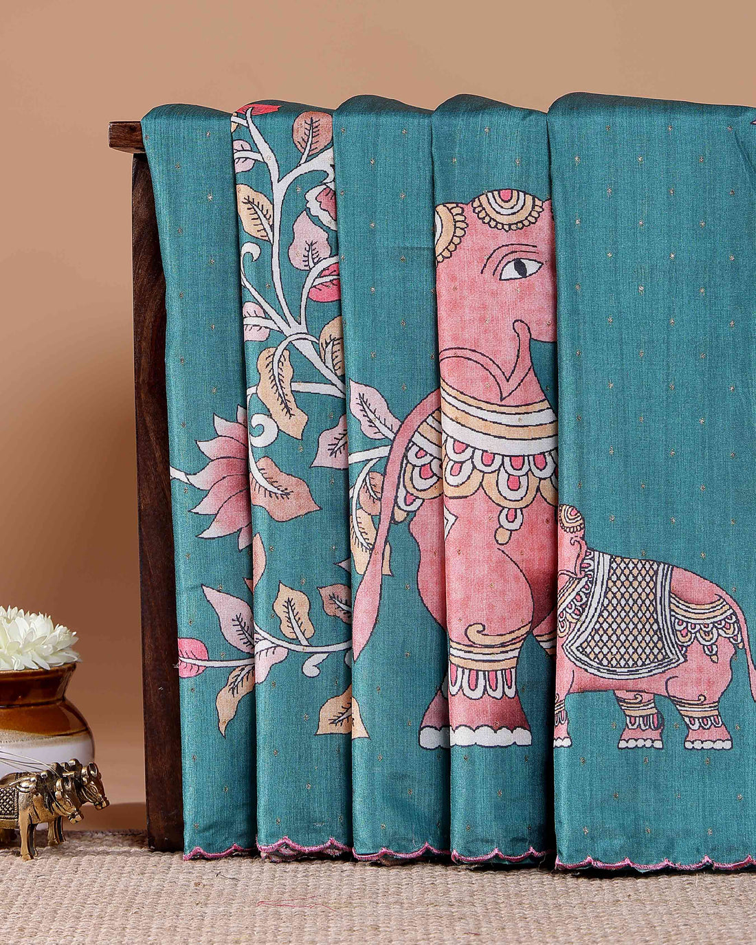 Elegant Tussar Silk Saree with Hand-Painted Elephant and Floral Motifs - Teal