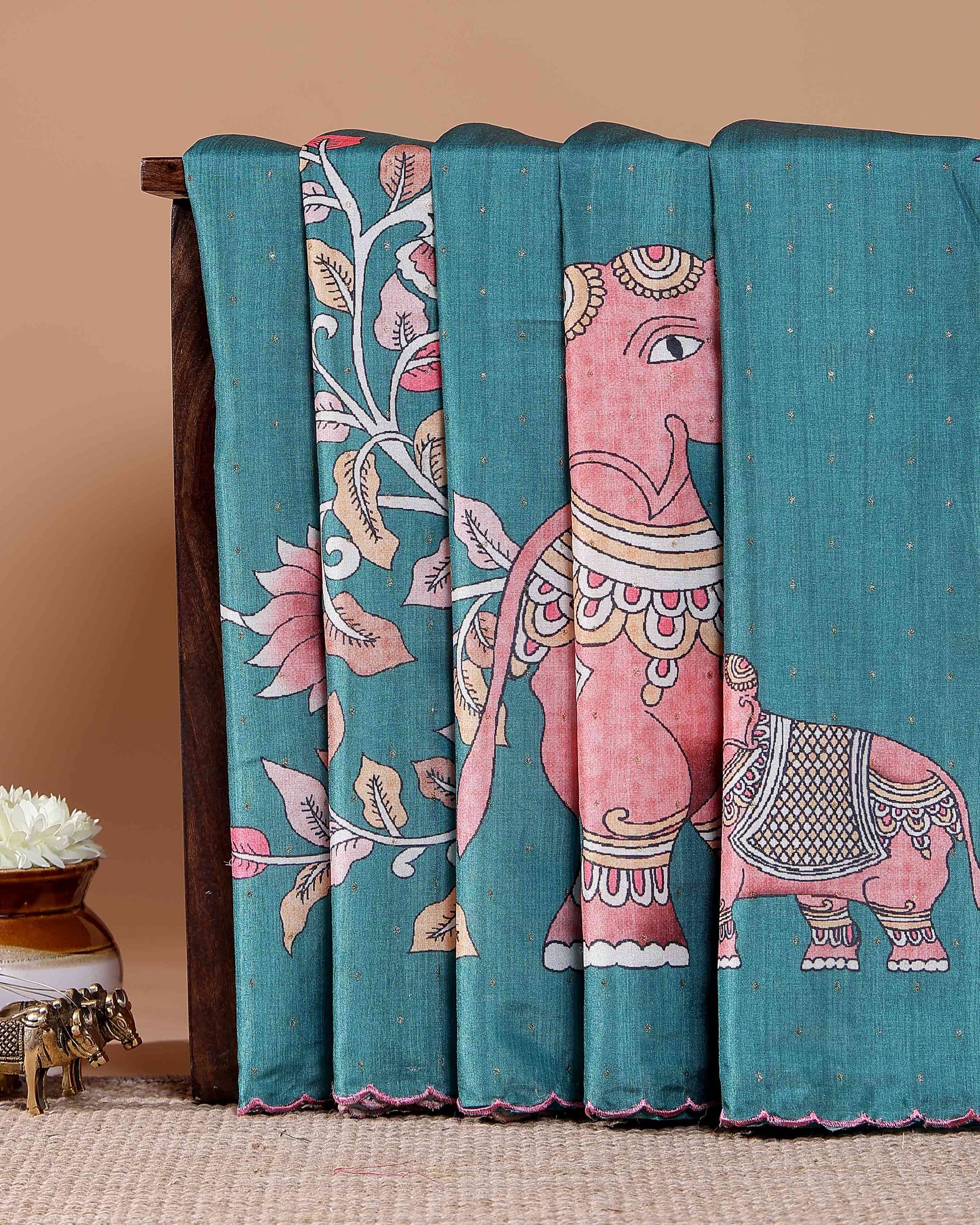Elegant Tussar Silk Saree with Hand-Painted Elephant and Floral Motifs - Teal