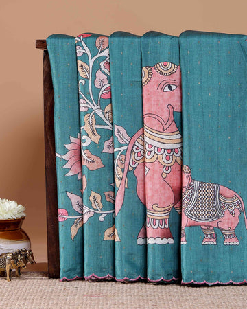Elegant Tussar Silk Saree with Hand-Painted Elephant and Floral Motifs - Teal