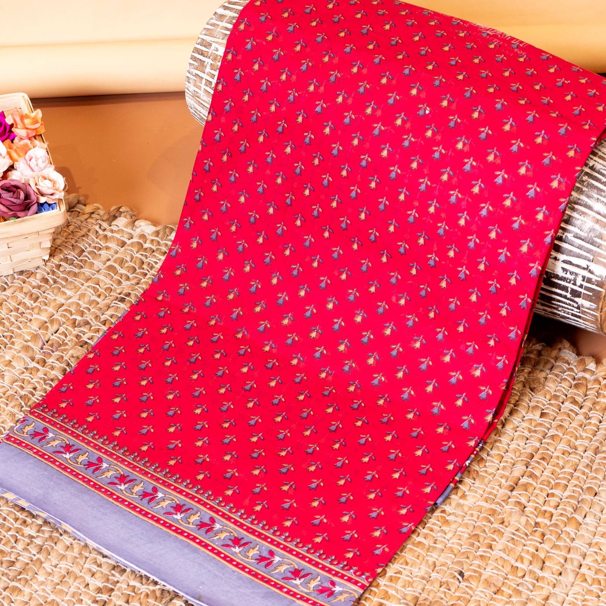 Elegant Voile Cotton Saree with All-Over Floral Jaal and Printed Border - Red