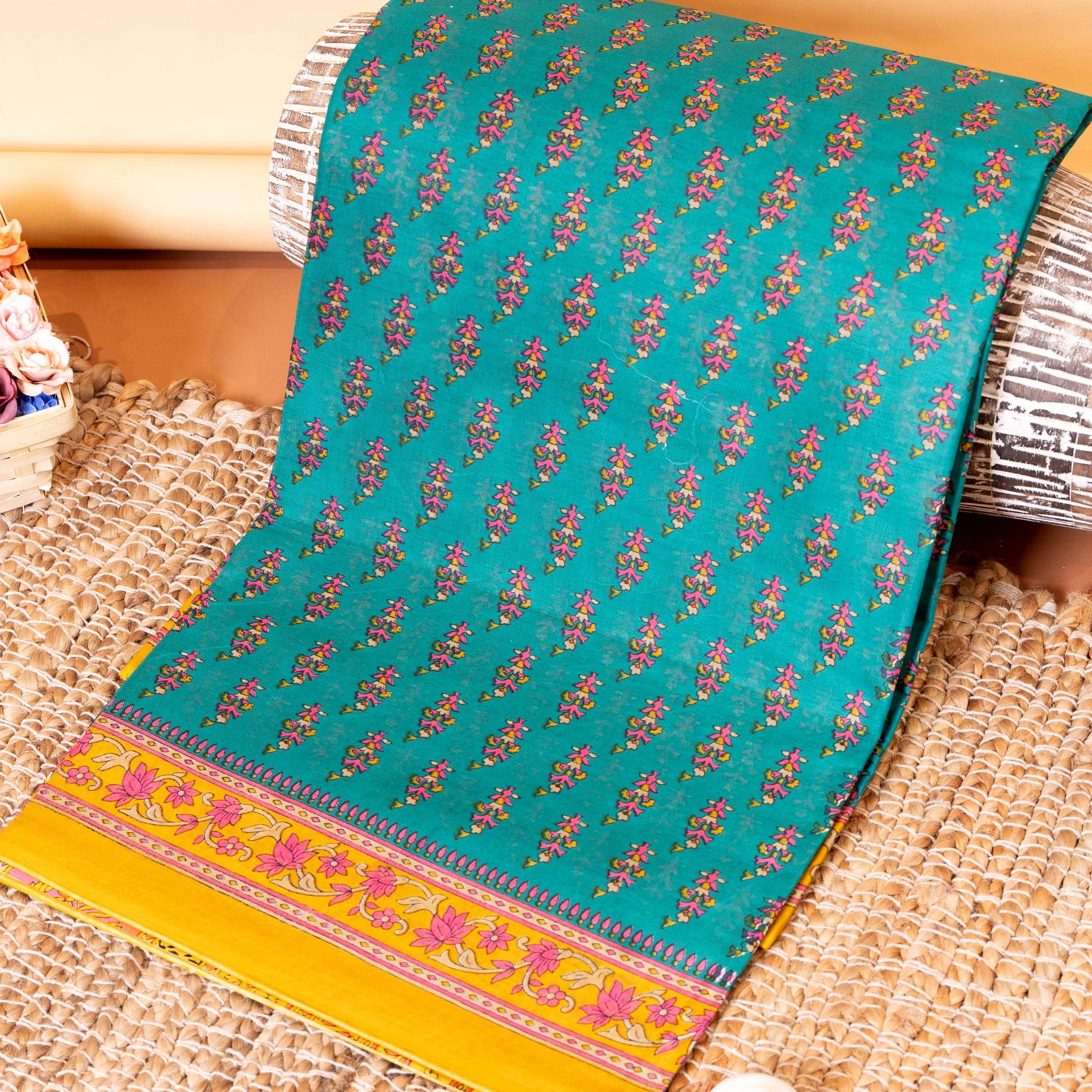 Elegant Voile Cotton Saree with All-Over Floral Print and Intricate Border - Green