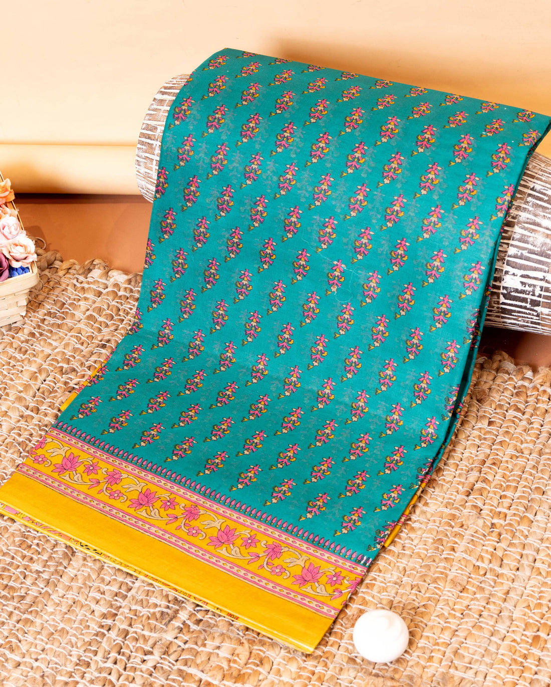 Elegant Voile Cotton Saree with All-Over Floral Print and Intricate Border - Green