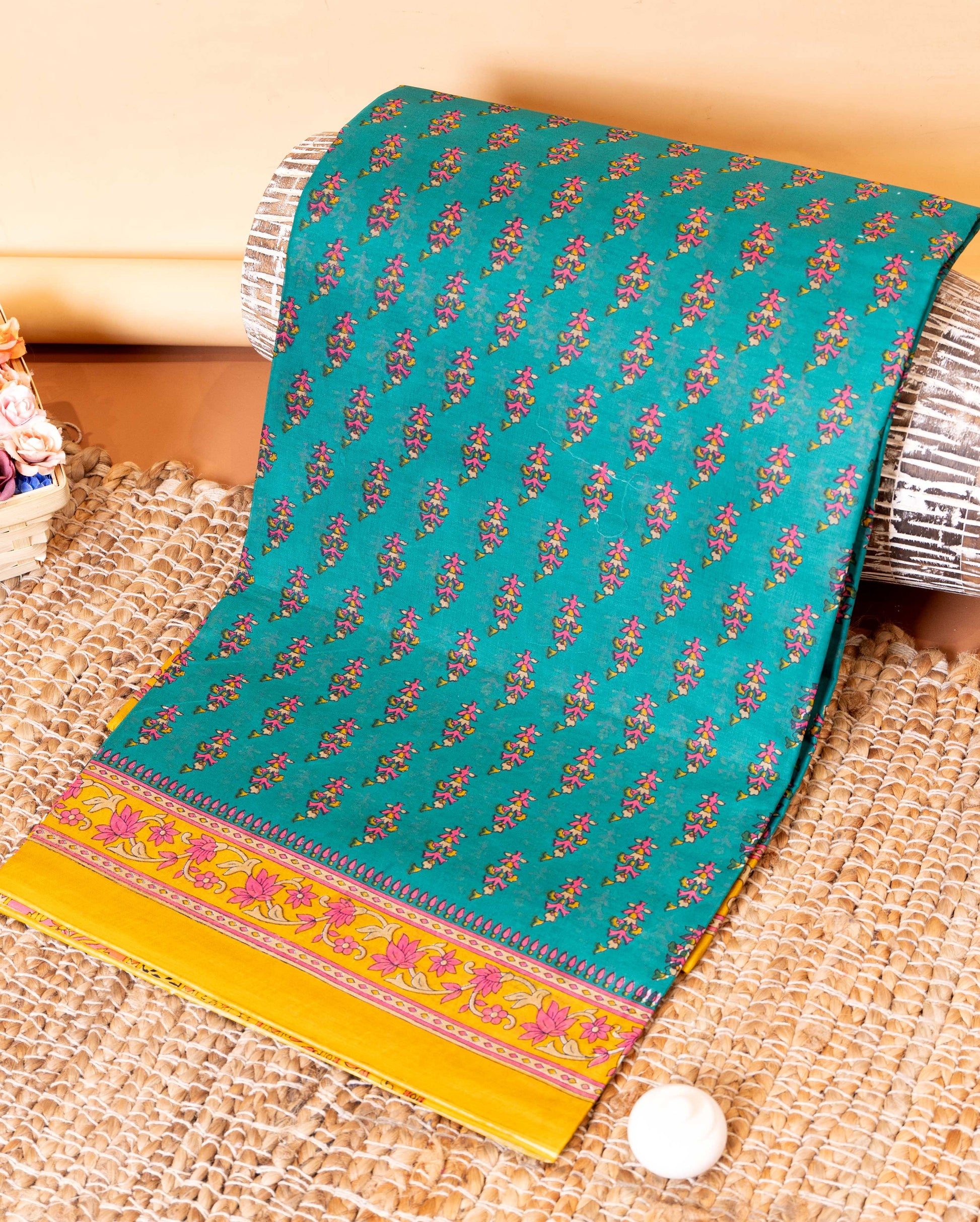 Elegant Voile Cotton Saree with All-Over Floral Print and Intricate Border - Green