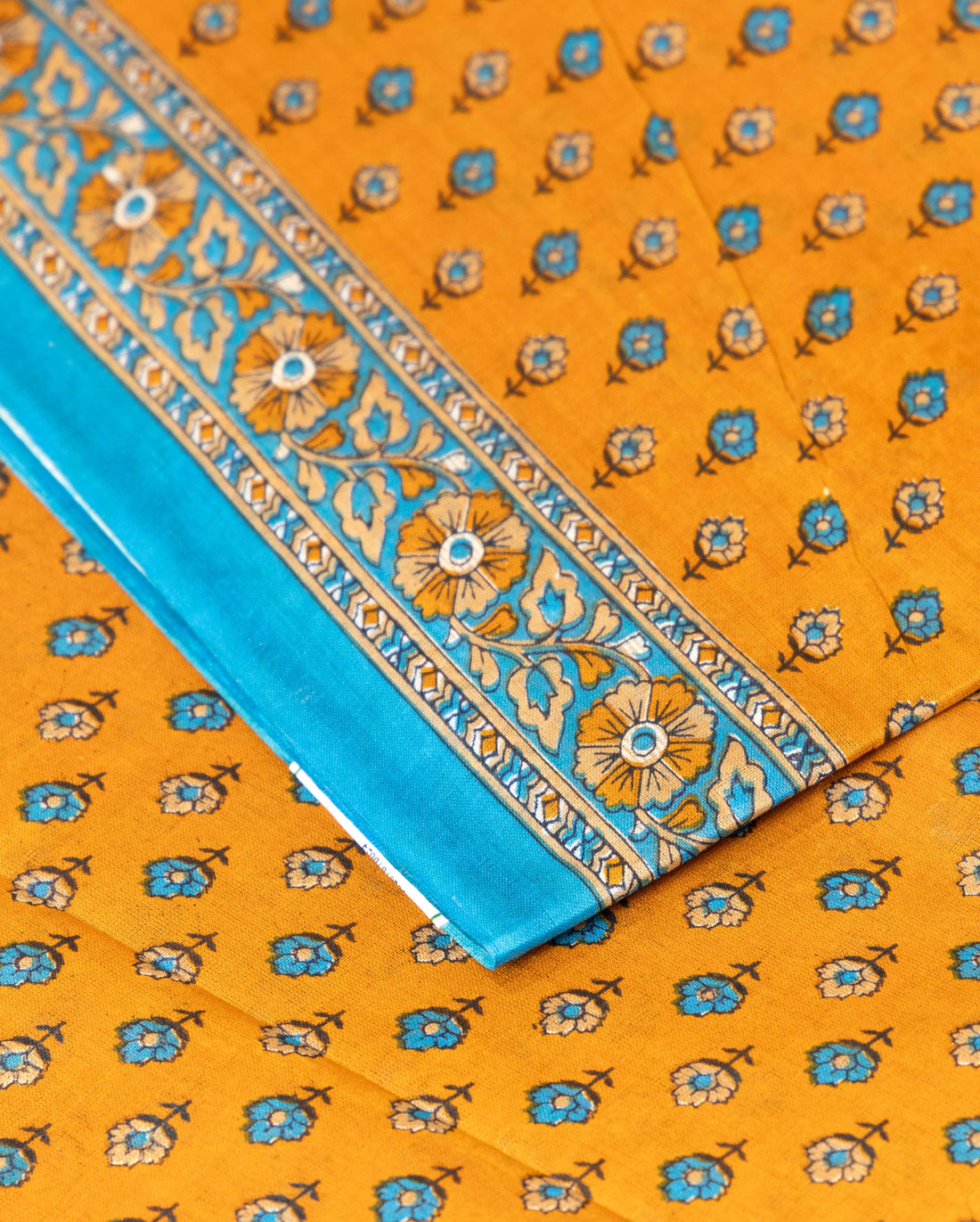 Elegant Voile Cotton Saree with Block Print Floral Motifs and Contrast Border - Yellow