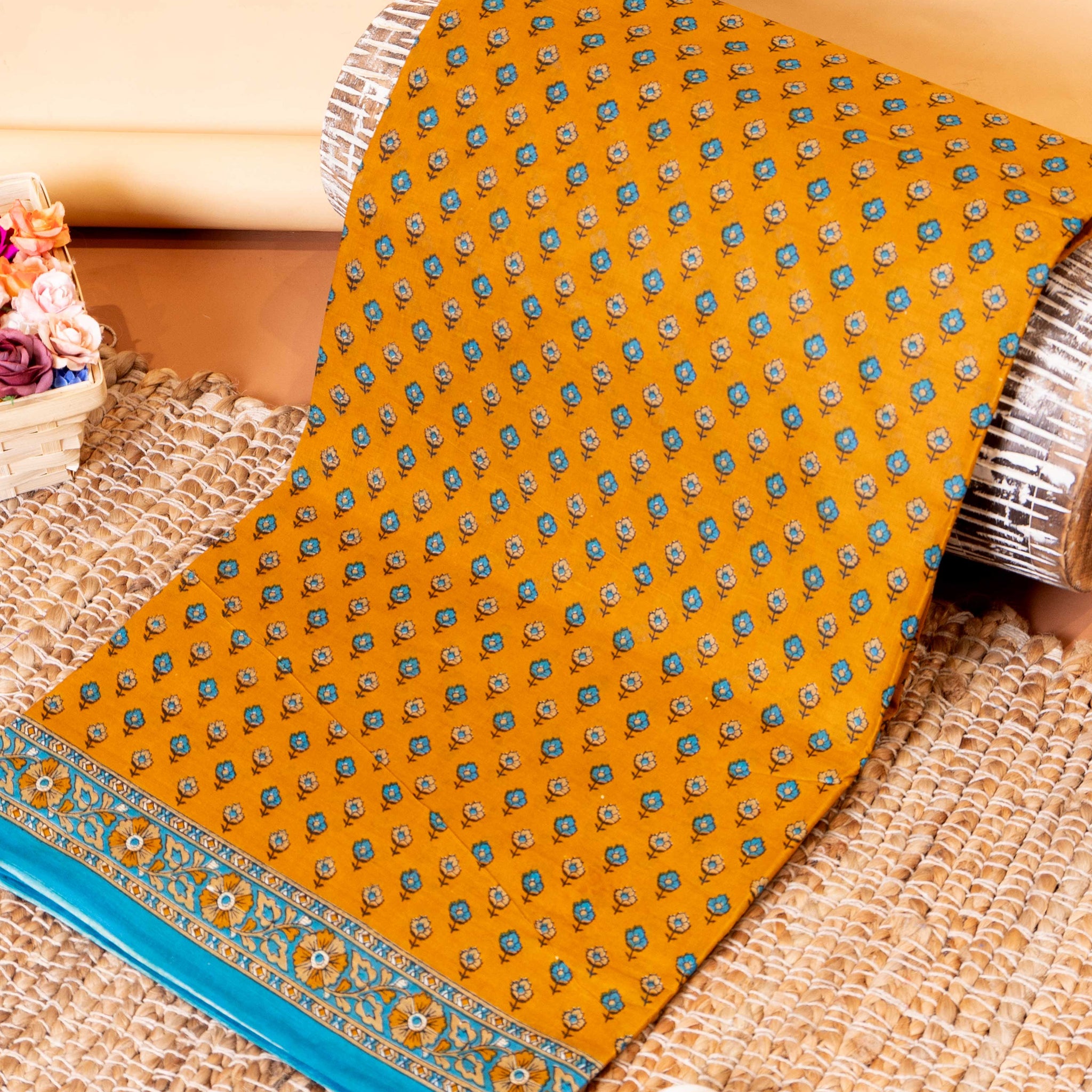 Elegant Voile Cotton Saree with Block Print Floral Motifs and Contrast Border - Yellow