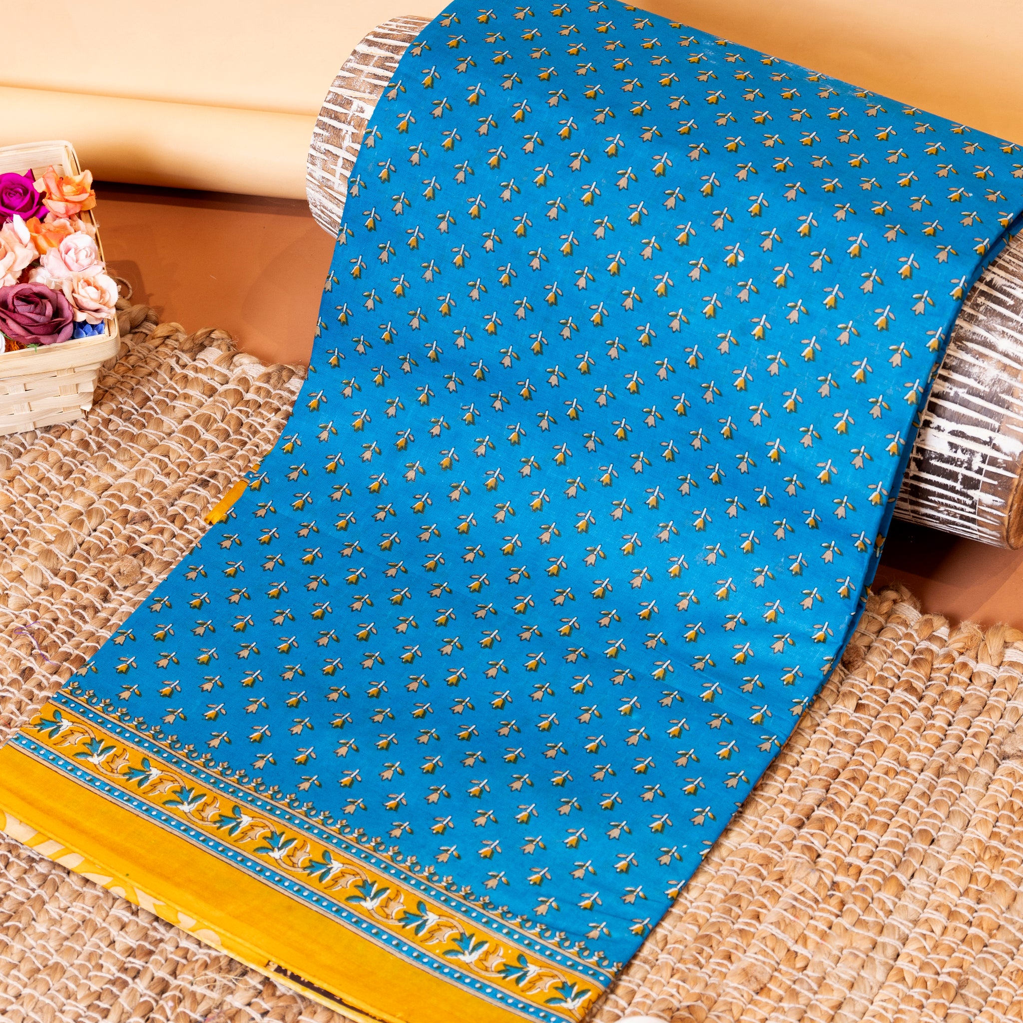 Elegant Voile Cotton Saree with Block Print Motif and Contrasting Border - Blue