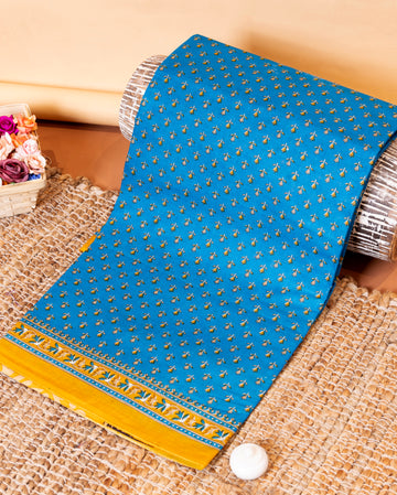 Elegant Voile Cotton Saree with Block Print Motif and Contrasting Border - Blue
