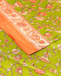 Elegant Voile Cotton Saree with Hand Block Printed Floral Motifs and a Contrasting Border - Green