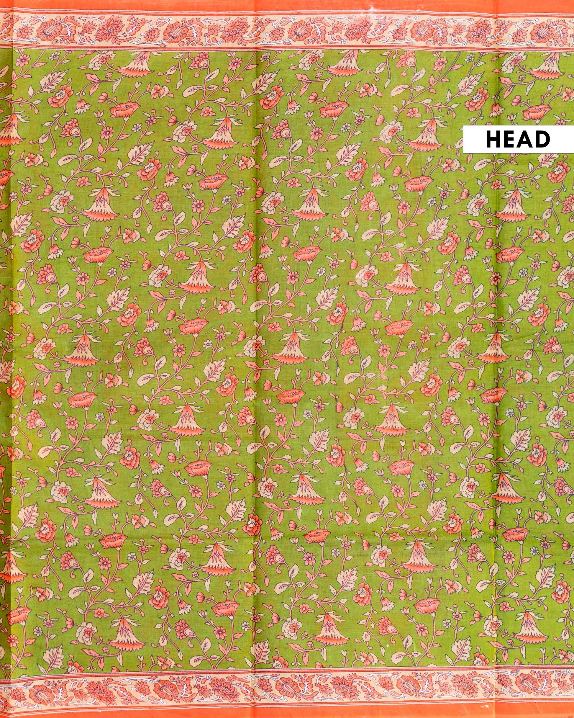 Elegant Voile Cotton Saree with Hand Block Printed Floral Motifs and a Contrasting Border - Green