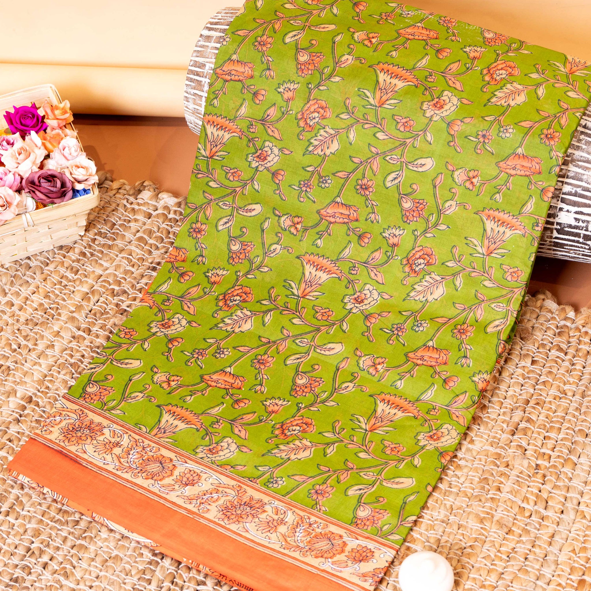 Elegant Voile Cotton Saree with Hand Block Printed Floral Motifs and a Contrasting Border - Green