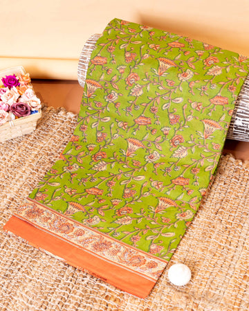 Elegant Voile Cotton Saree with Hand Block Printed Floral Motifs and a Contrasting Border - Green