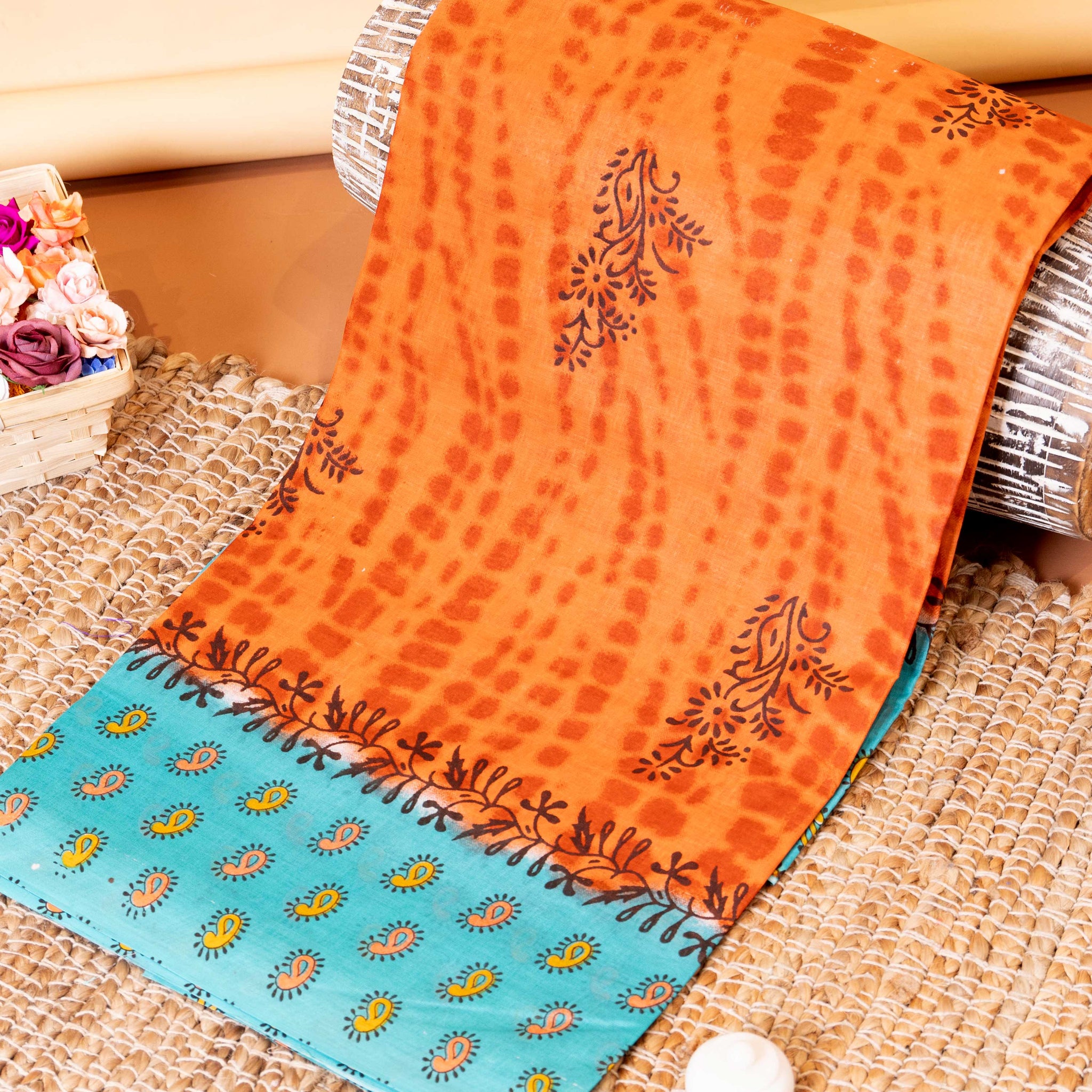 Elegant Voile Cotton Saree with Tie Dye Inspired Body and Detailed Border - Orange