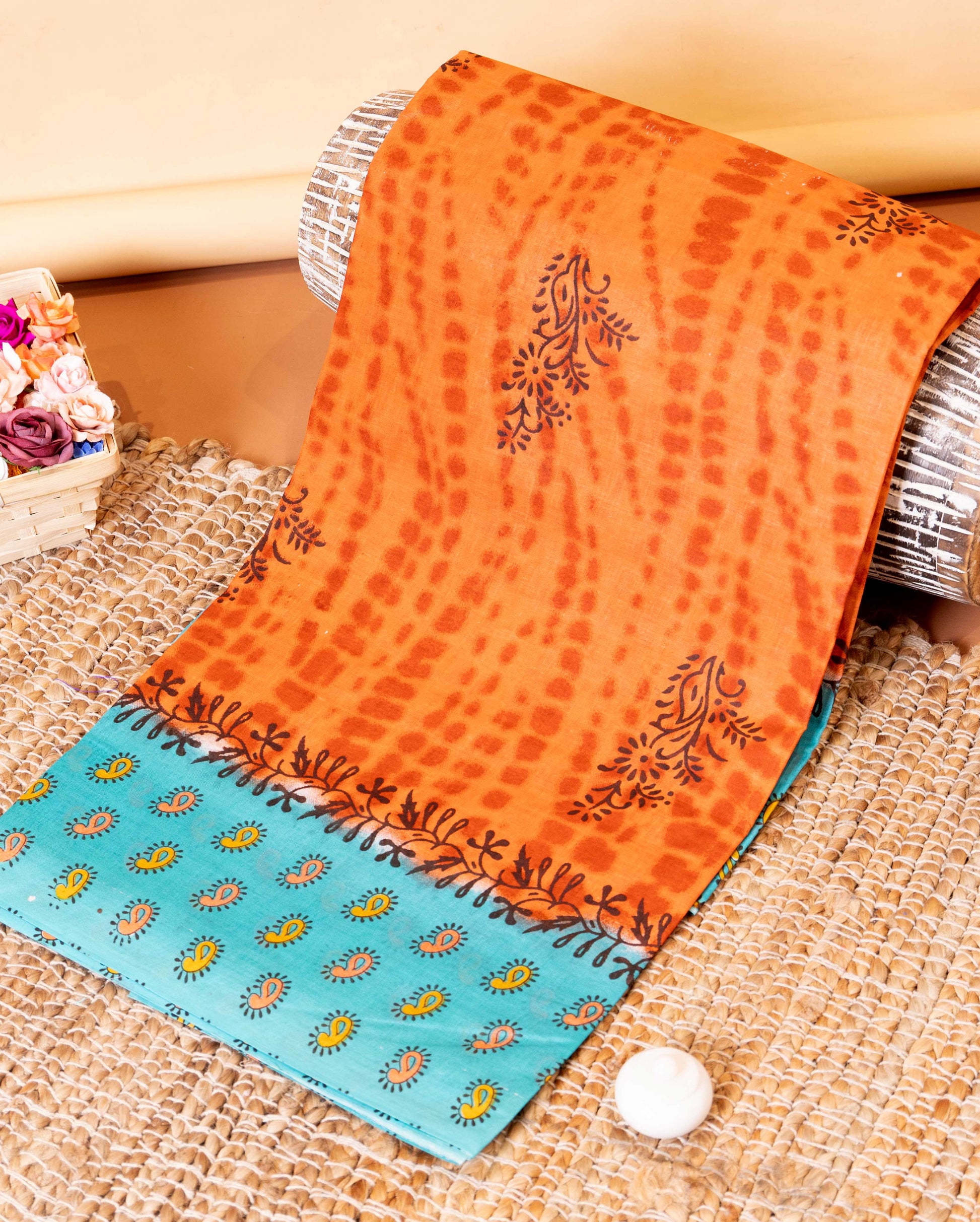 Elegant Voile Cotton Saree with Tie Dye Inspired Body and Detailed Border - Orange