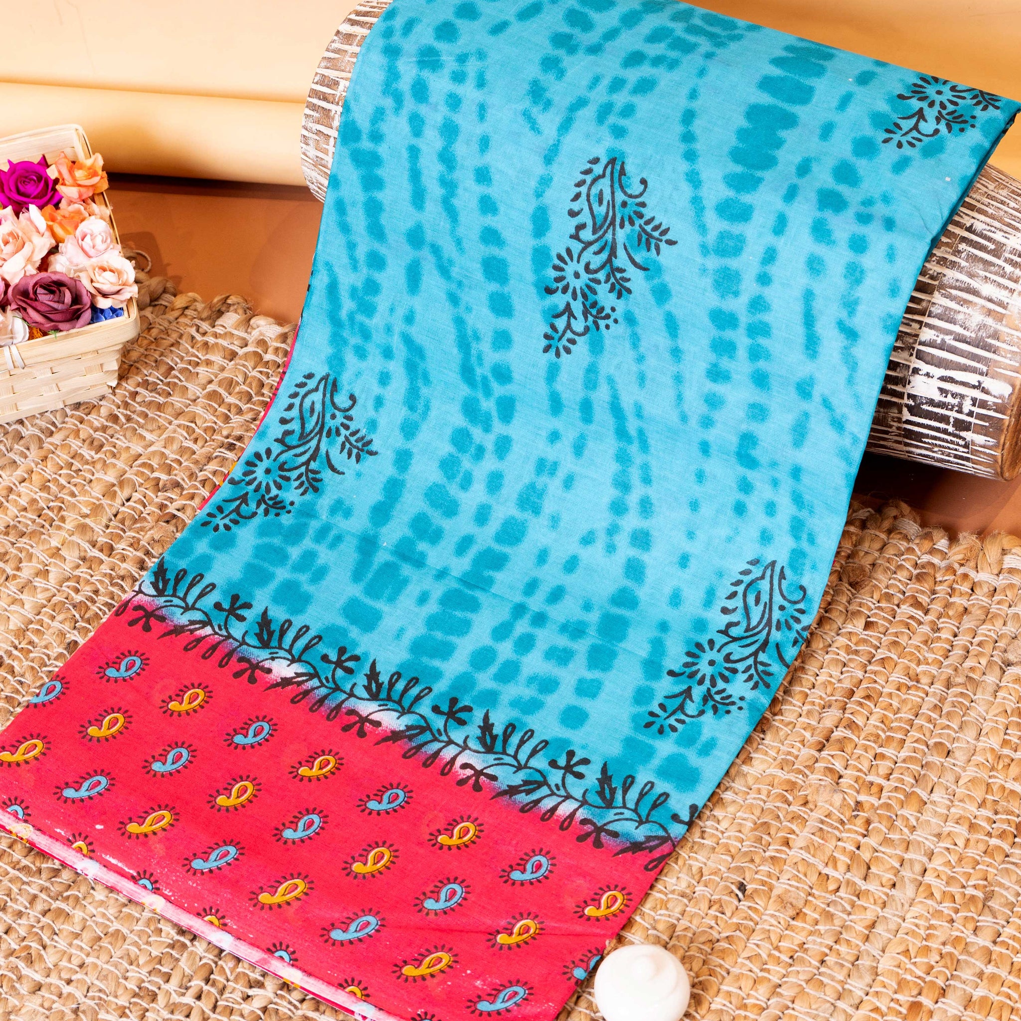 Elegant Voile Cotton Saree with Tie Dye and Contrast Paisley Border - Sky Blue