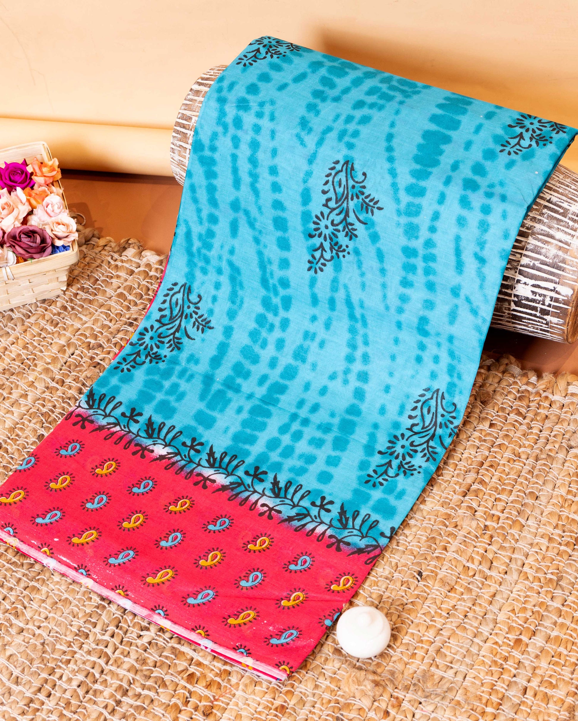 Elegant Voile Cotton Saree with Tie Dye and Contrast Paisley Border - Sky Blue