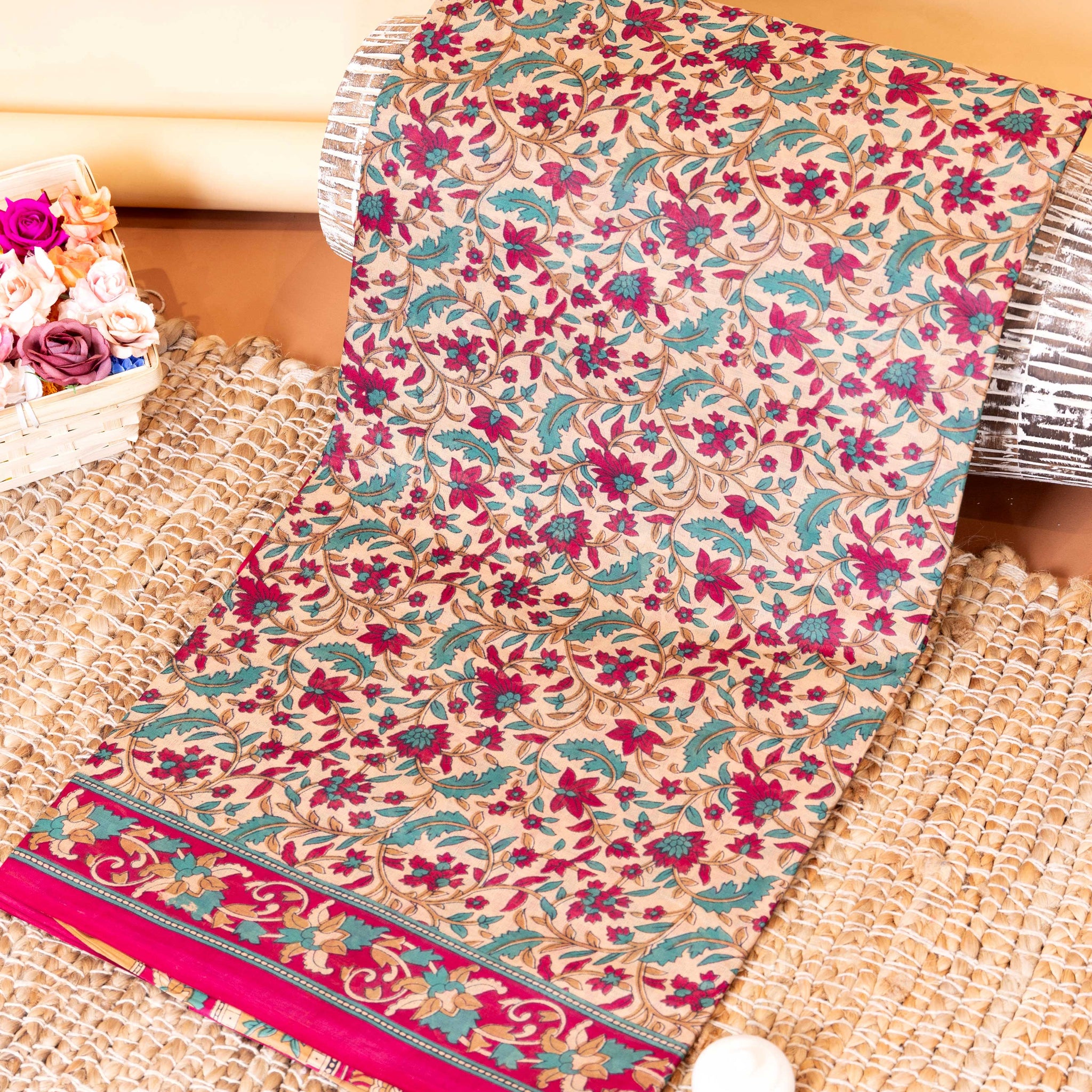 Elegant Voile Cotton Saree with Traditional Floral Motif - Sandal