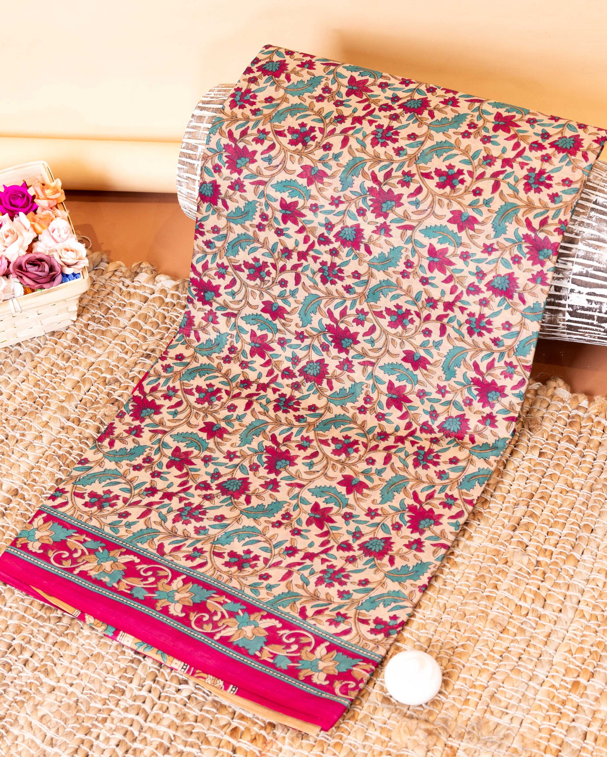 Elegant Voile Cotton Saree with Traditional Floral Motif - Sandal