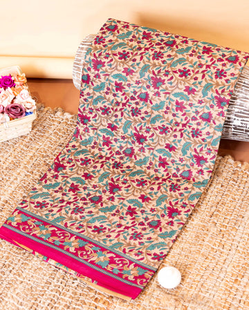 Elegant Voile Cotton Saree with Traditional Floral Motif - Sandal