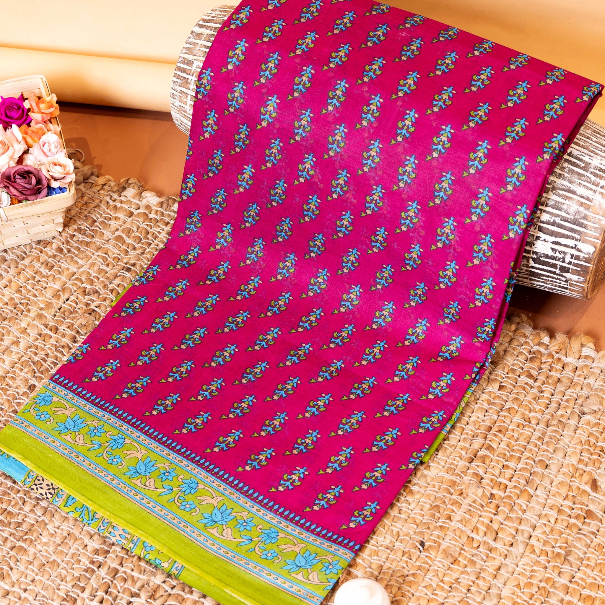Elegant Voile Cotton Saree with Traditional Paisley and Floral Border - Purple