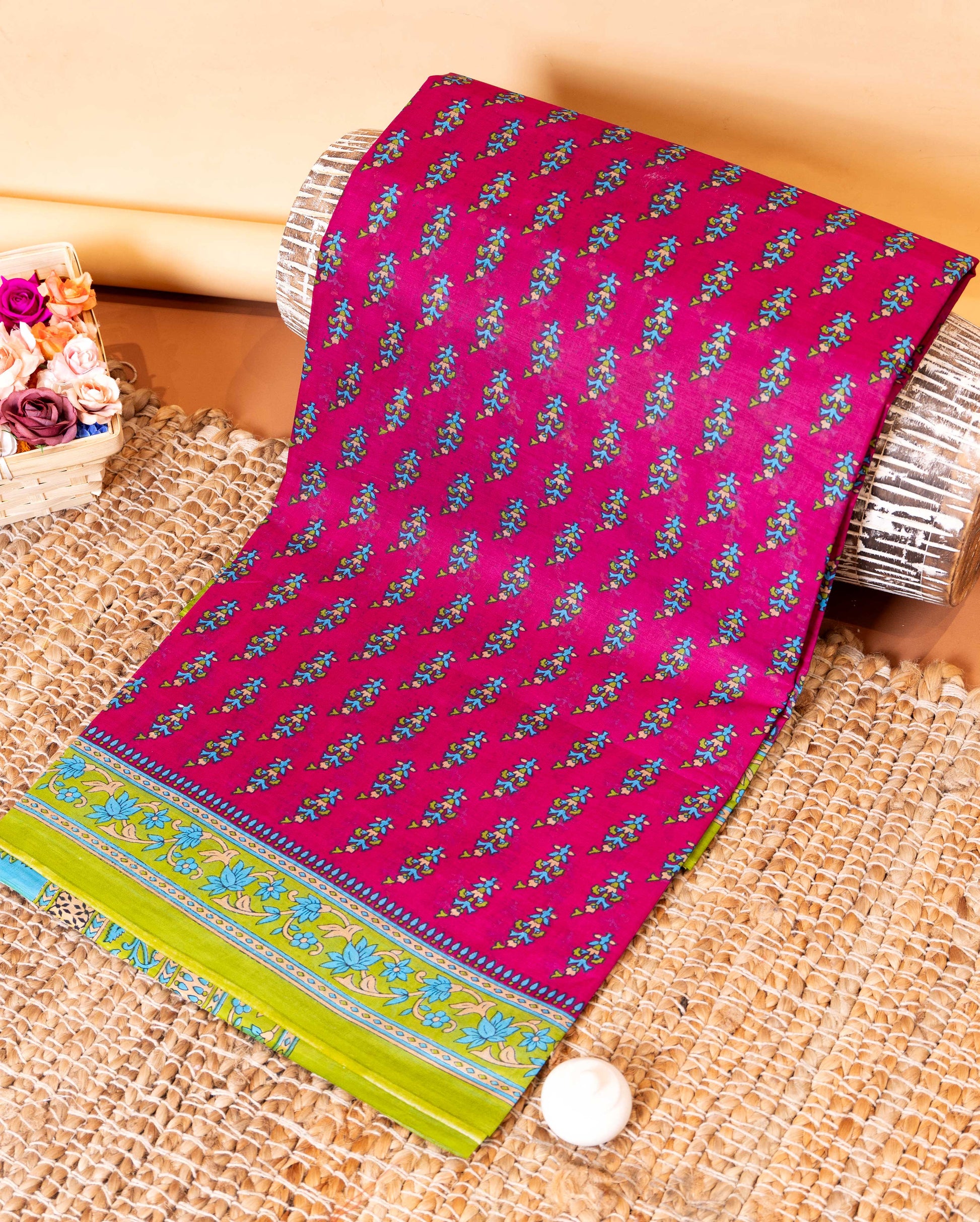 Elegant Voile Cotton Saree with Traditional Paisley and Floral Border - Purple