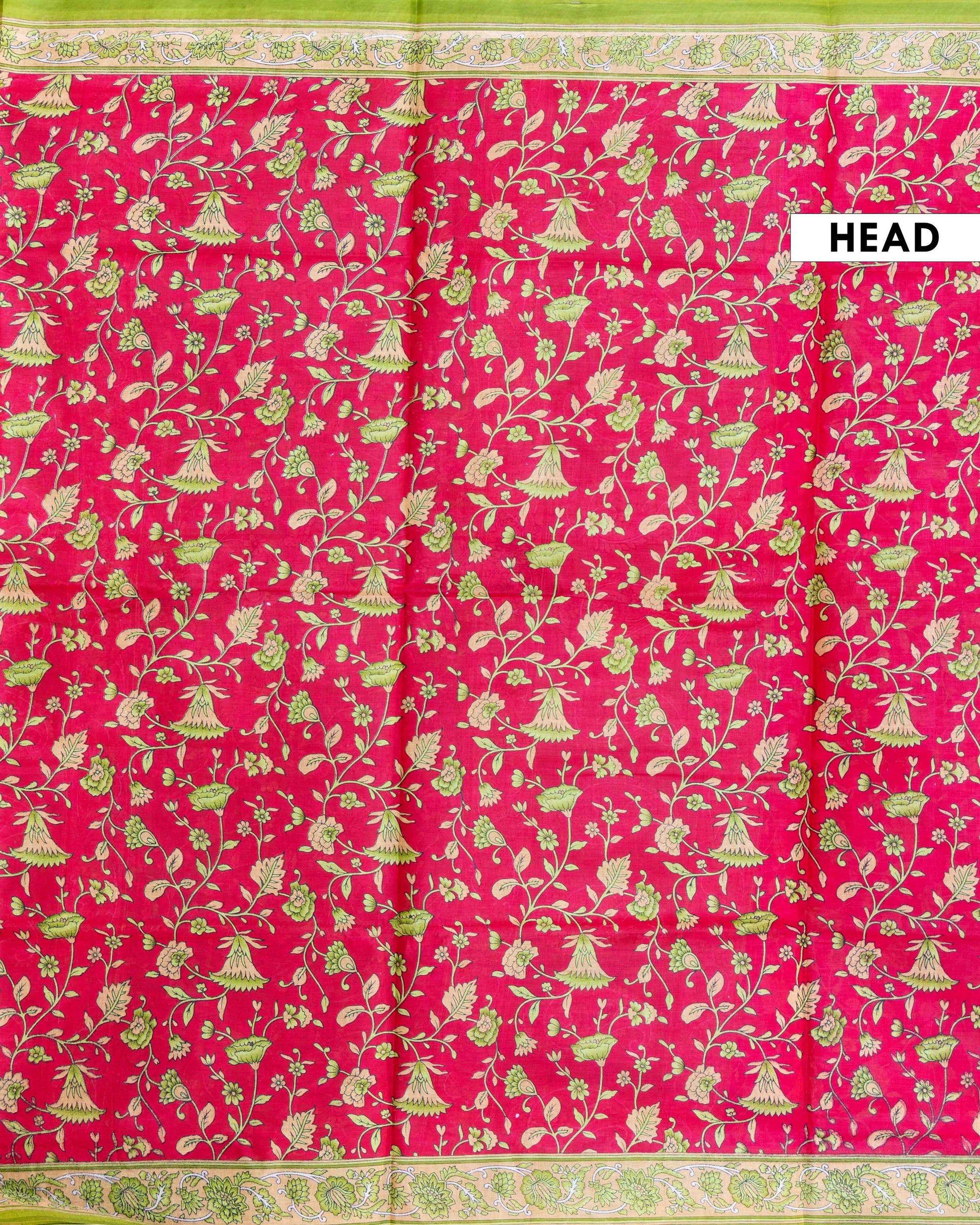 Elegant Voile Cotton Saree with a Traditional Floral Print and a Striped Border Detail - Dark Pink