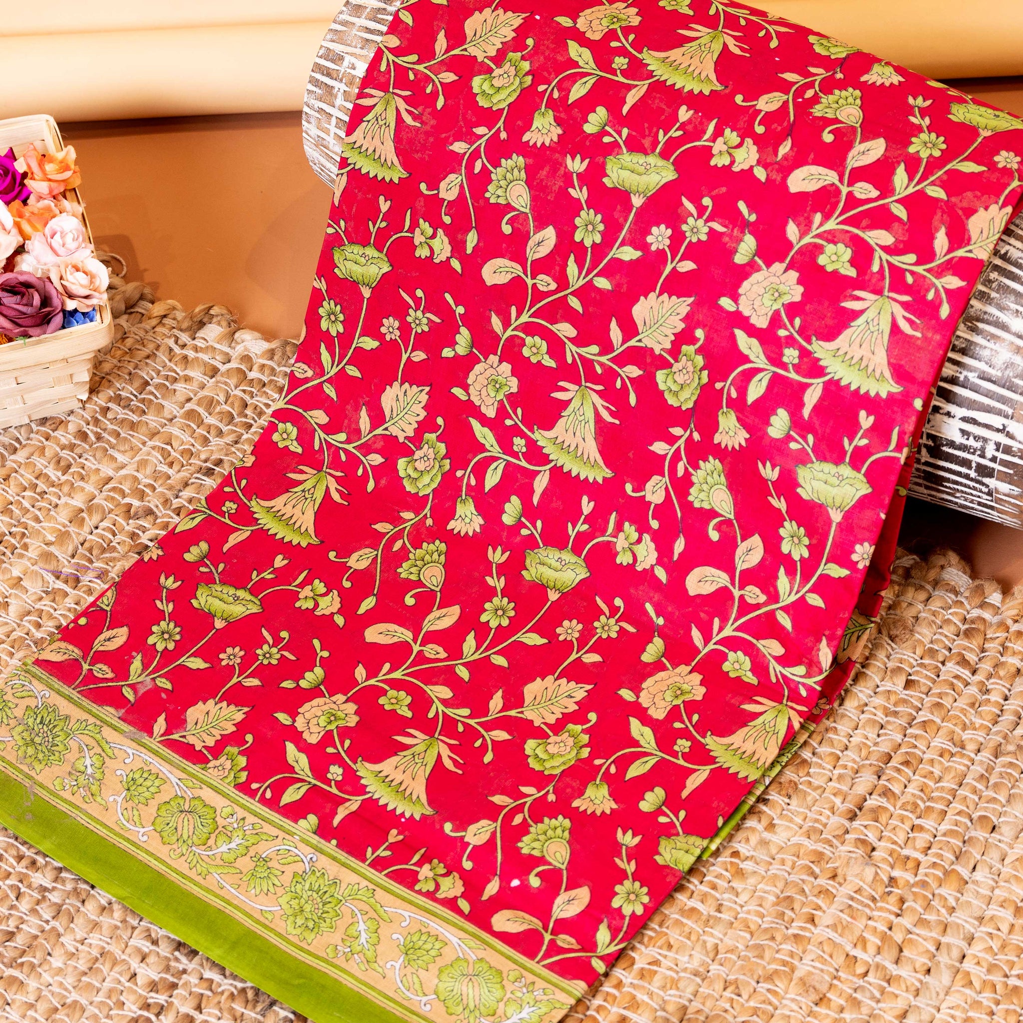 Elegant Voile Cotton Saree with a Traditional Floral Print and a Striped Border Detail - Dark Pink